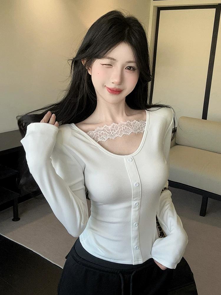 Áo thun dài tay cổ chữ V dành cho nữ, quần áo nữ xuân thu, áo thun trắng, phong cách gợi cảm và độc đáo, đẹp và trẻ hóa, áo nhẹ nhàng và trưởng thành.