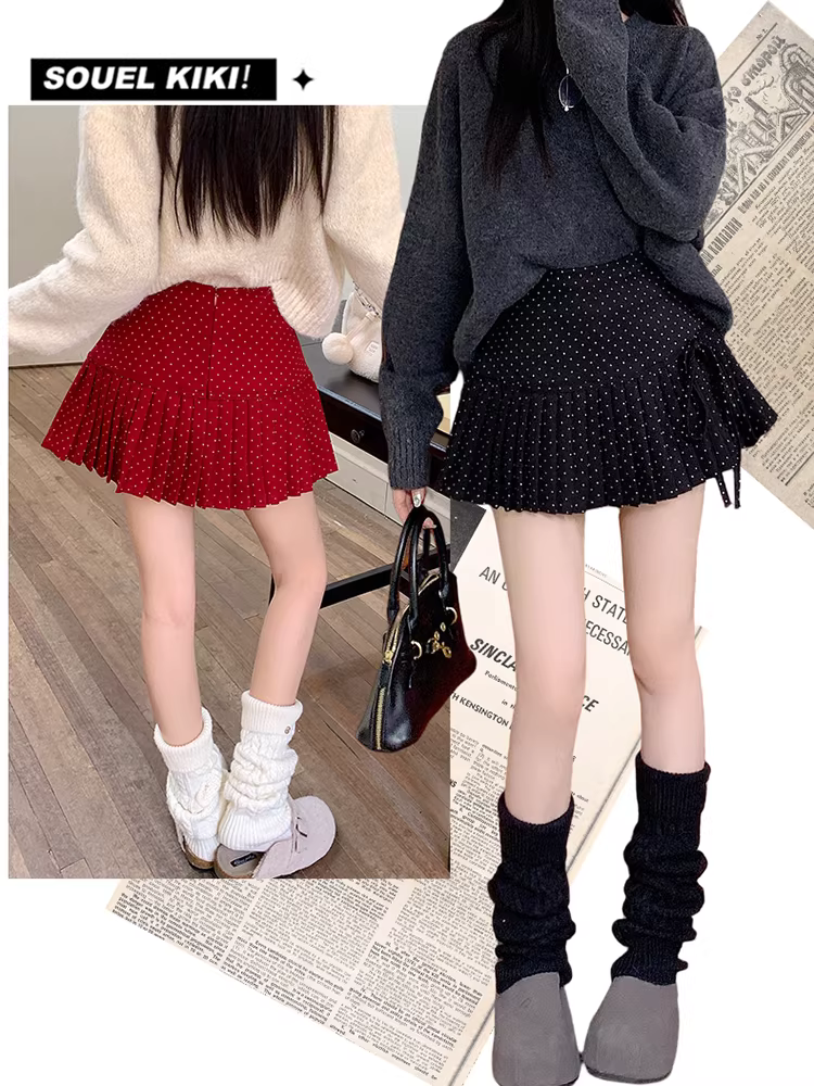 Váy chấm bi đỏ cho nữ, váy xếp ly xuân thu, váy jk ngắn lưng cao, váy rất đẹp, váy siêu ngắn