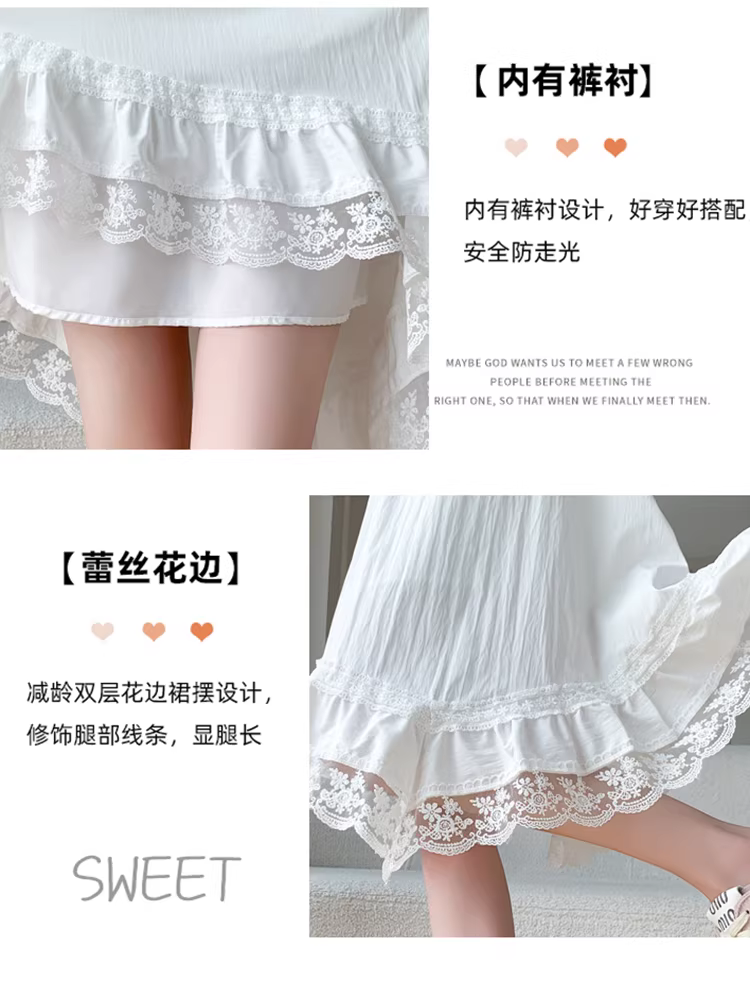 Váy midi trắng cho nữ, váy dù dáng bất quy tắc mùa hè, váy dài trung bình viền ren, váy chữ A, váy năm điểm.