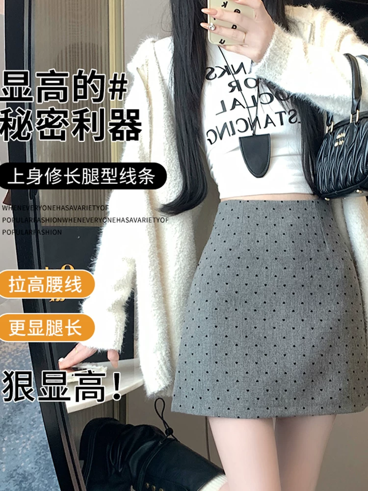 Váy len màu xám cho nữ, váy bút chì chấm bi mùa thu đông, váy vest, váy chữ A lưng cao, váy bút chì, váy ngắn