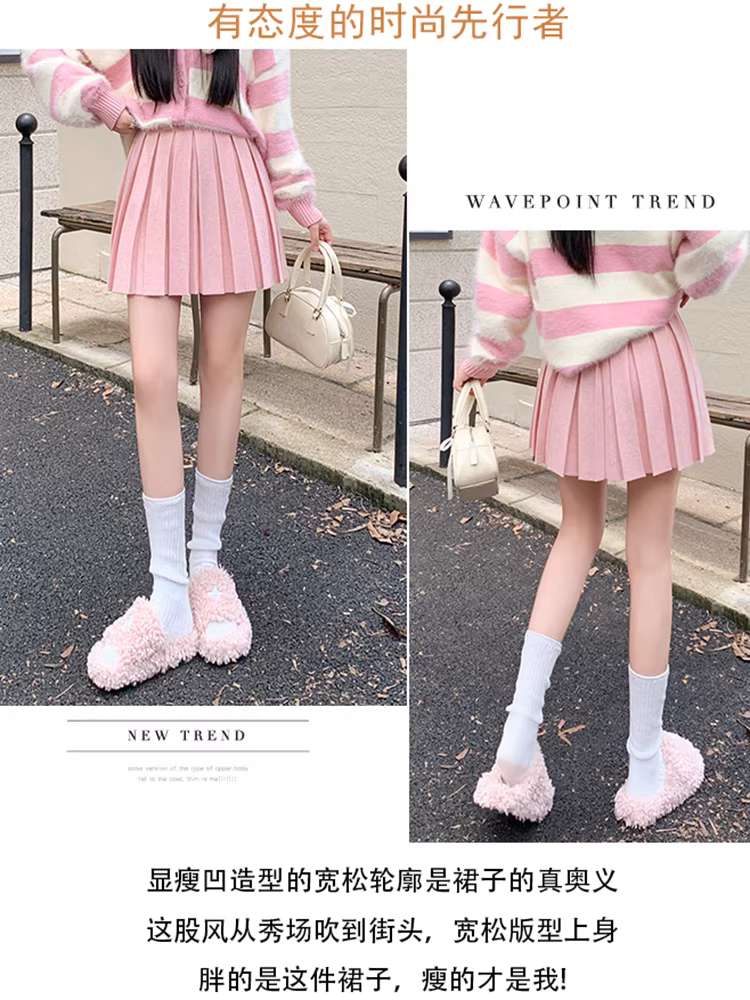 Váy len màu hồng cho nữ, váy xếp ly thu đông, váy len, váy nửa thân rất đẹp, váy chữ A, váy len ngắn