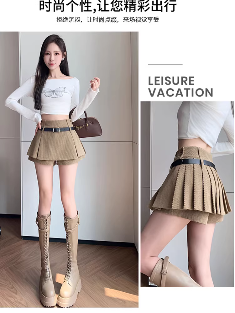 Quần short vải nhung kẻ cho nữ, áo khoác ngoài mùa thu đông, quần váy vải nhung kẻ, quần váy ngắn hai trong một, quần ống rộng xếp lớp chữ A