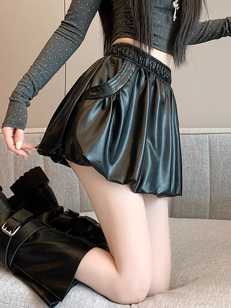 Váy da đen, váy mây mùa thu đông nữ, váy rất đẹp, váy đèn lồng cạp cao, váy ngắn da PU