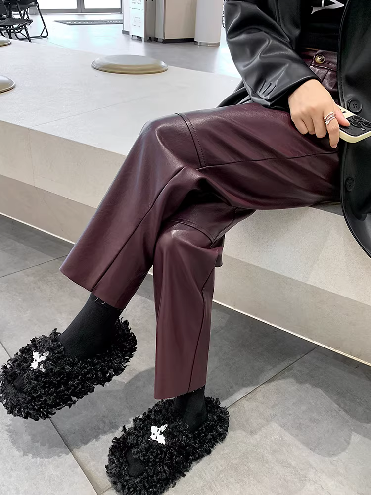 Quần da đỏ Angela quần thuốc lá quần ống rộng dáng ôm mùa thu đông dành cho nữ Quần da PU quần ống rộng cạp cao quần ống loe quần ống thẳng