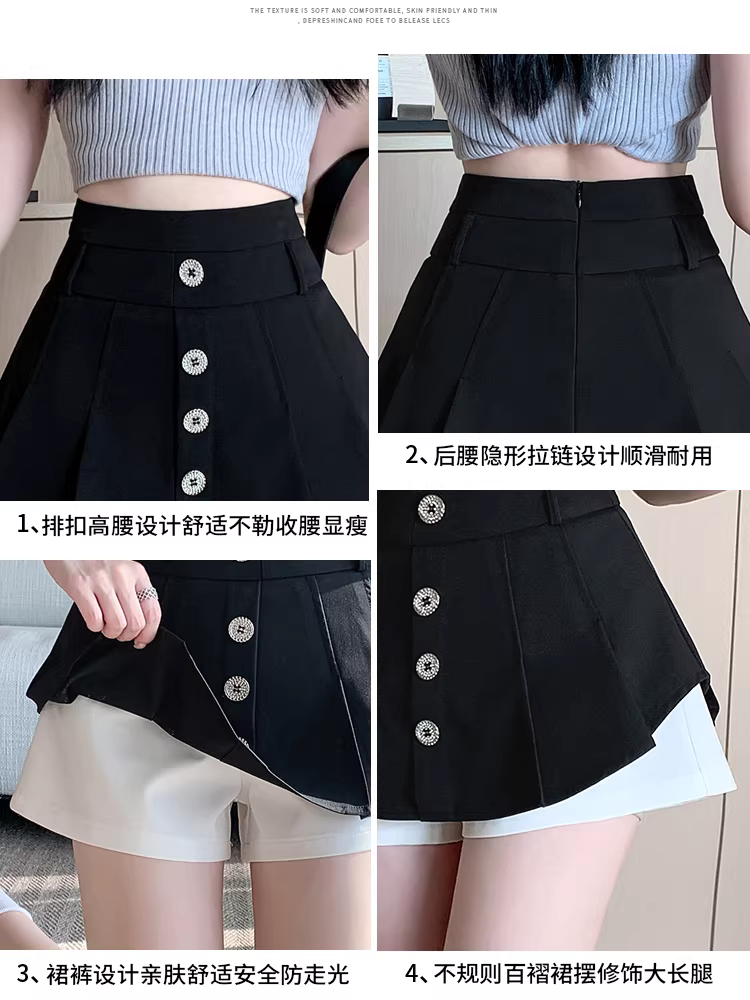 Quần short đen cho nữ, quần culottes xuân hè, quần váy xếp ly giả hai mảnh xếp tầng, váy chữ A lưng cao, váy ngắn nóng bỏng