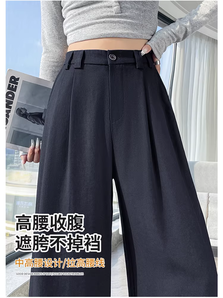 Quần âu nữ màu xanh navy, dáng rộng, mùa xuân thu, cạp cao, chất liệu mềm mại, dài quá gối dành cho người cao, kiểu dáng sang trọng cổ điển.