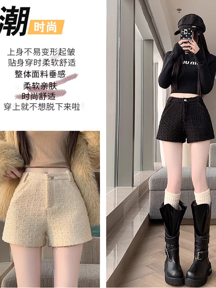 Quần short len phong cách Chanel dành cho nữ, áo khoác ngoài mùa thu đông, quần legging cạp cao mới năm 2025, quần nữ mặc với bốt.