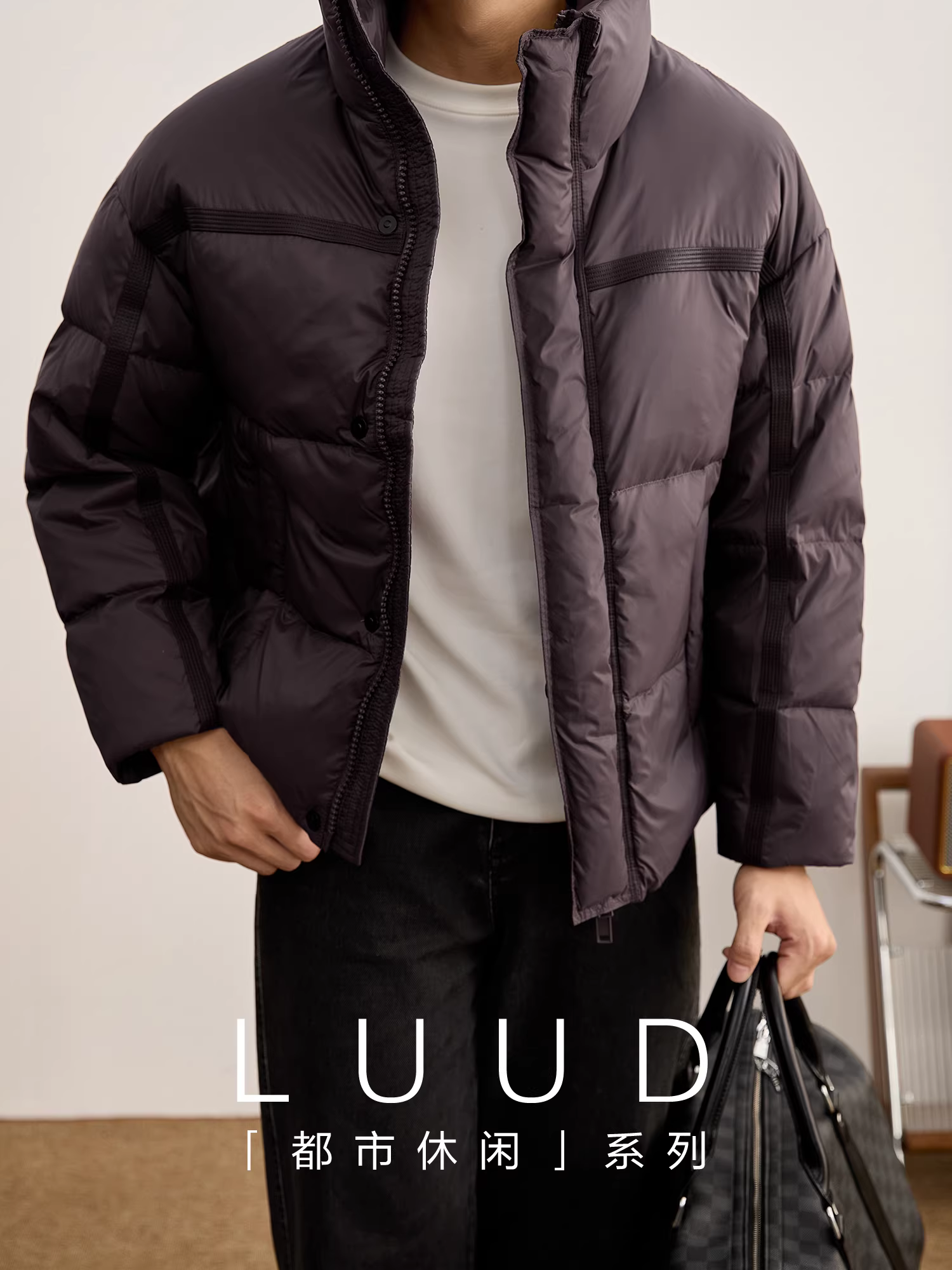 Áo khoác lông vũ trắng tiêu chuẩn quốc gia mùa đông dành cho nam LUUD có cổ đứng với các đường may bằng da để giữ ấm