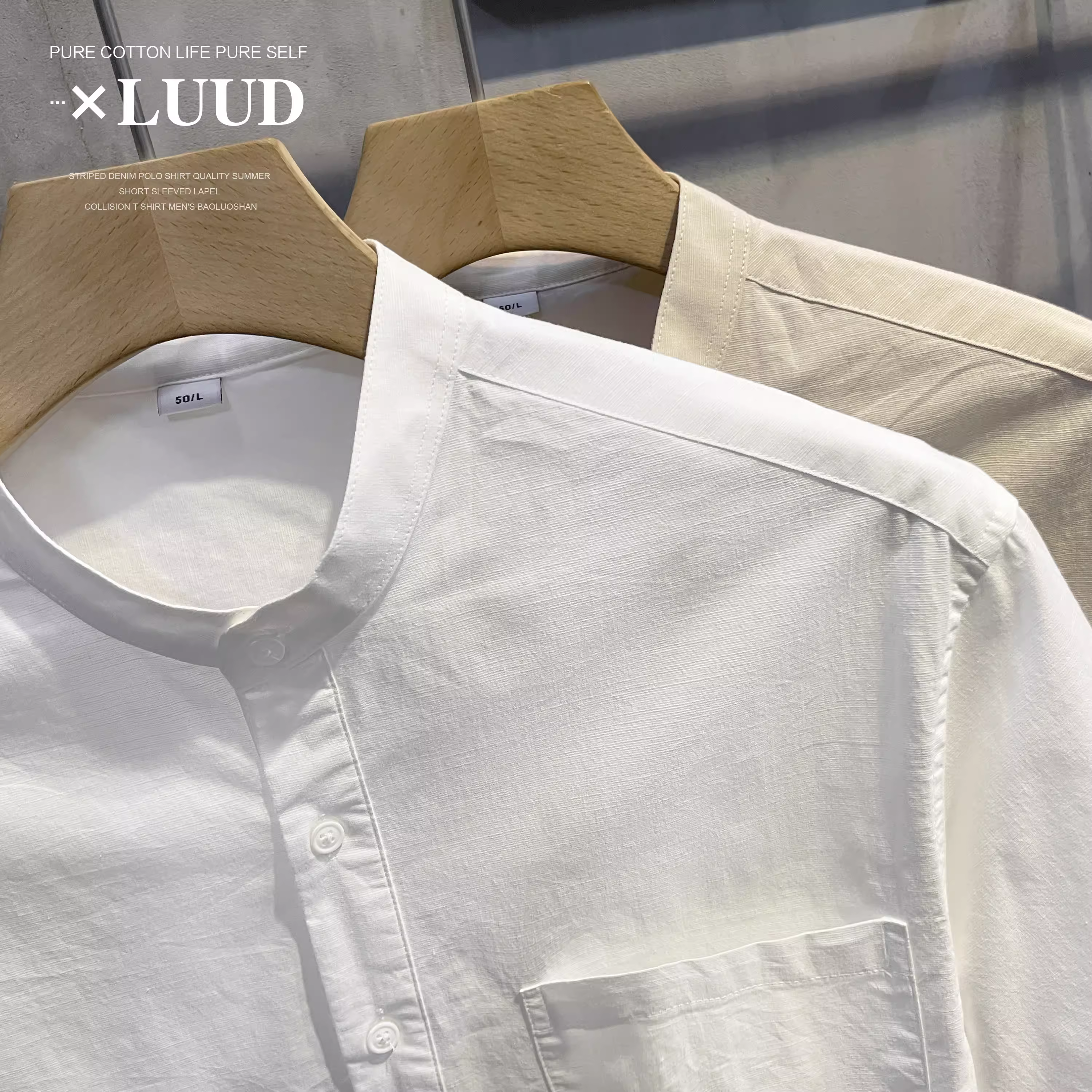 Áo sơ mi cổ đứng bằng vải cotton và vải lanh thoáng khí màu trơn LUUD dành cho nam, phong cách sang trọng nhẹ nhàng, tay ngắn, áo sơ mi hợp thời trang phong cách Hàn Quốc giản dị mùa hè.