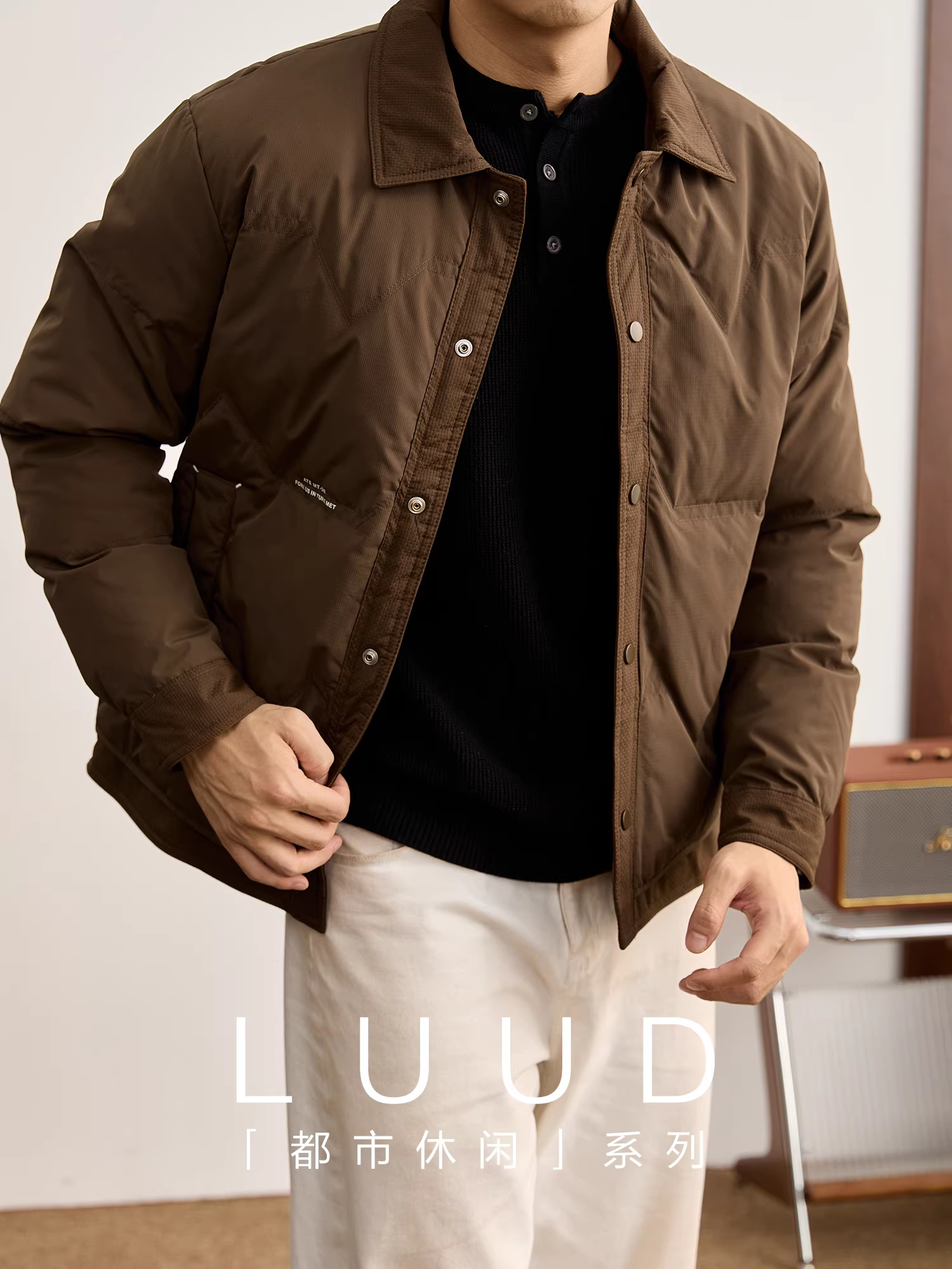 Áo khoác lông vũ ấm áp LUUD CityBoy kiểu dáng áo sơ mi có logo thêu chữ, dành cho nam.