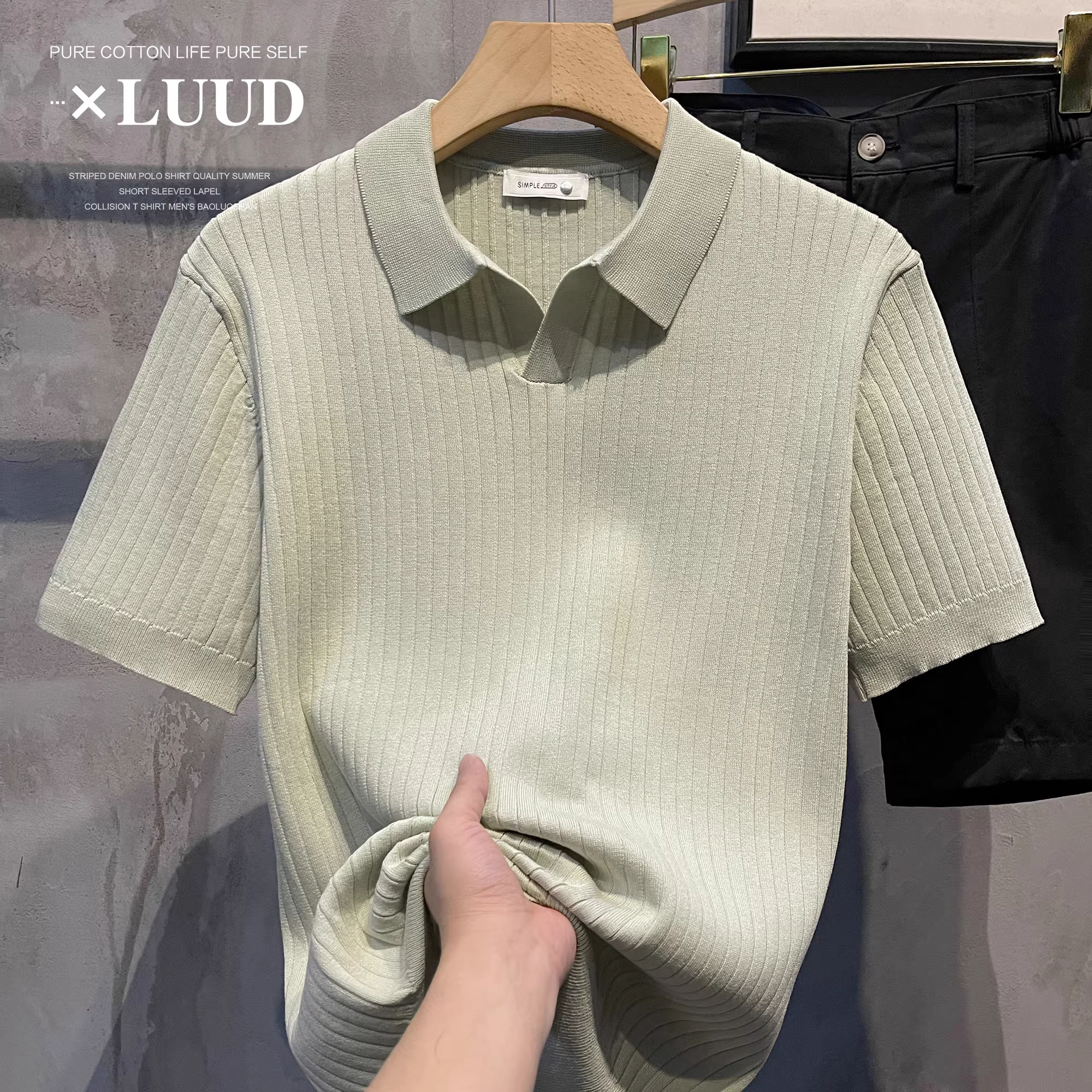 Áo polo dệt kim LUUD sọc dọc, cổ nửa mở, kiểu dáng đơn giản, mỏng nhẹ, áo thun nam thời trang thường ngày