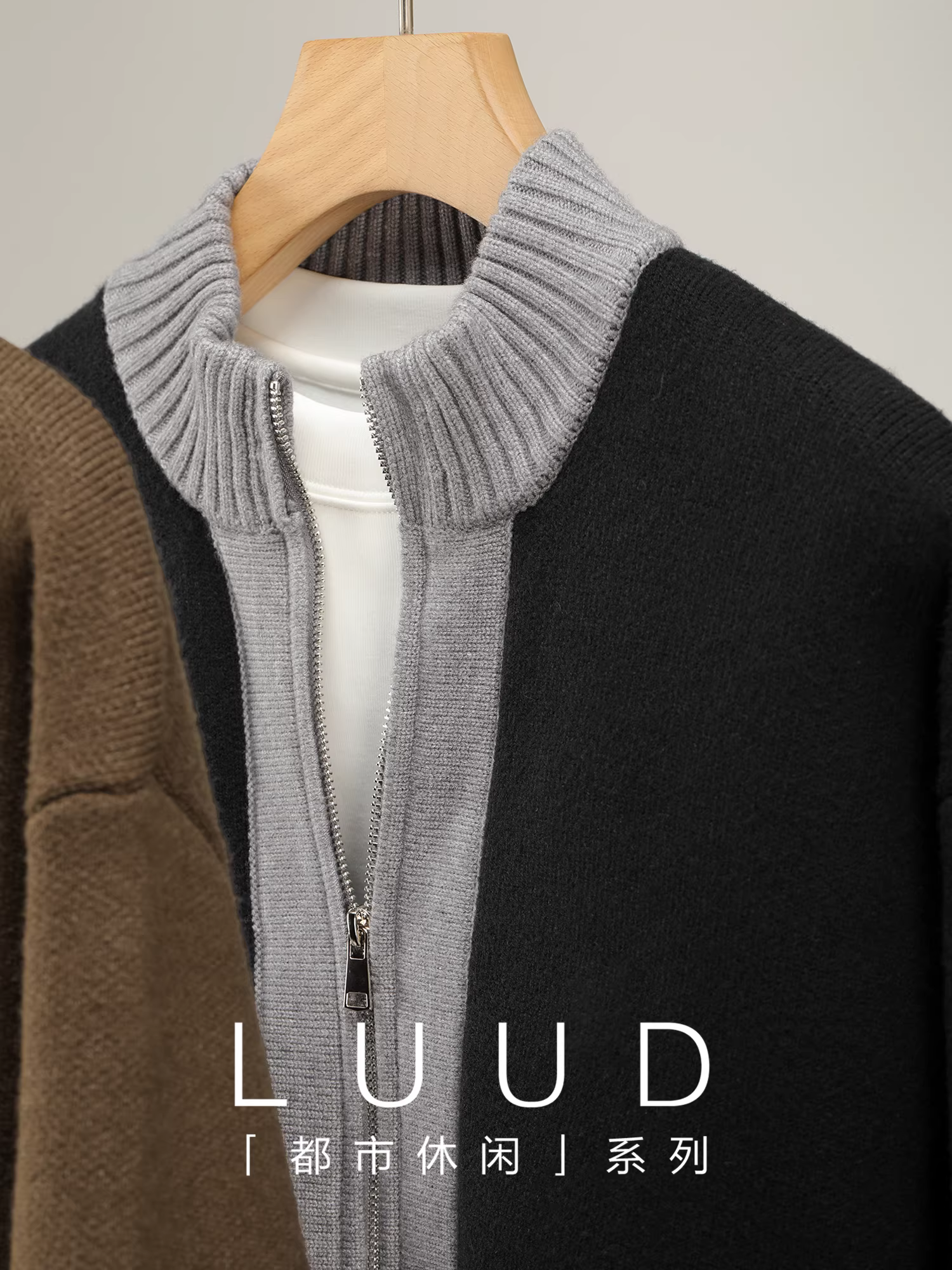 Áo khoác len ấm áp có cổ đứng có gân LUUD dành cho nam, chất liệu đơn giản và trưởng thành, áo len dệt kim jacquard phối màu