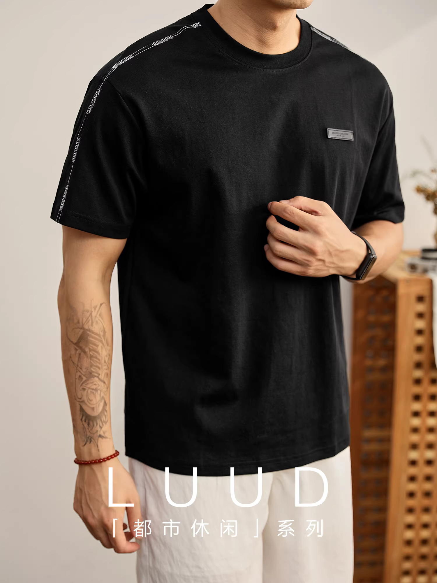 Áo thun cổ tròn LUUD thời trang dành cho nam, chất liệu cotton, phối màu, đường may ngược, có nhãn da nhỏ in chữ, tay ngắn cho mùa hè.