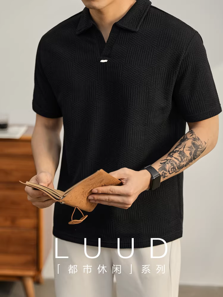 Áo thun polo dệt kim kiểu dáng lười biếng phong cách Hàn Quốc LUUD Áo thun nam cổ chữ V sang trọng hợp thời trang Áo thun có cổ thường ngày đô thị