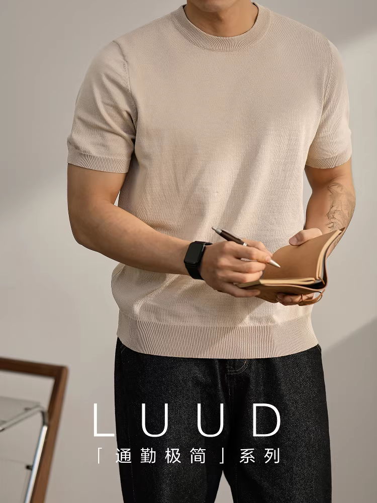 Áo thun nam LUUD phong cách Hàn Quốc nhẹ nhàng sang trọng mát mẻ bằng vải lụa dệt kim mùa hè mát mẻ màu trơn hợp thời trang áo sơ mi ngắn tay giản dị