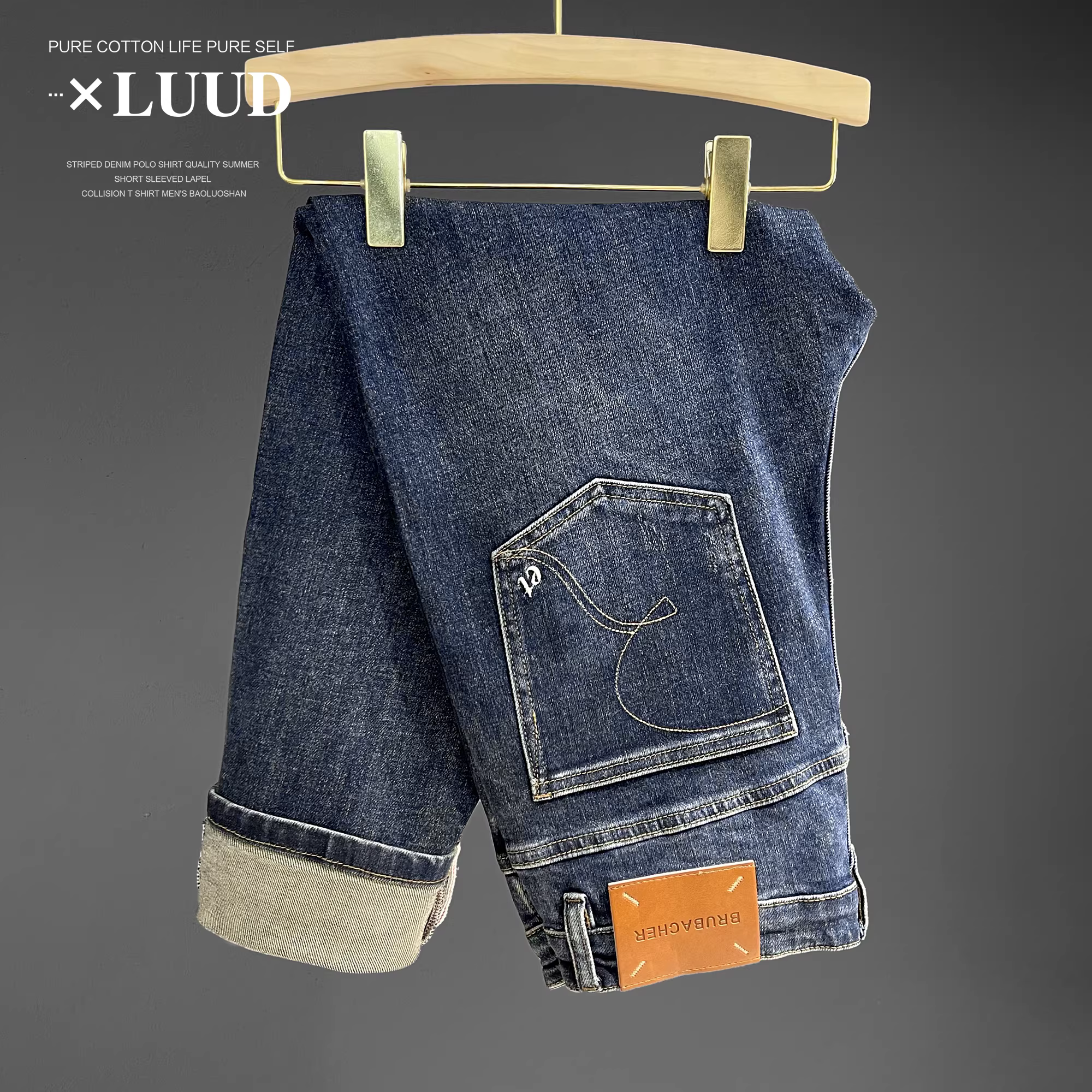 LUUD Mùa Thu Mới Giặt Cotton Feel Thẳng Quần Âu Nam Đơn Giản Đa Năng Quần Jean Thêu Màu Xanh