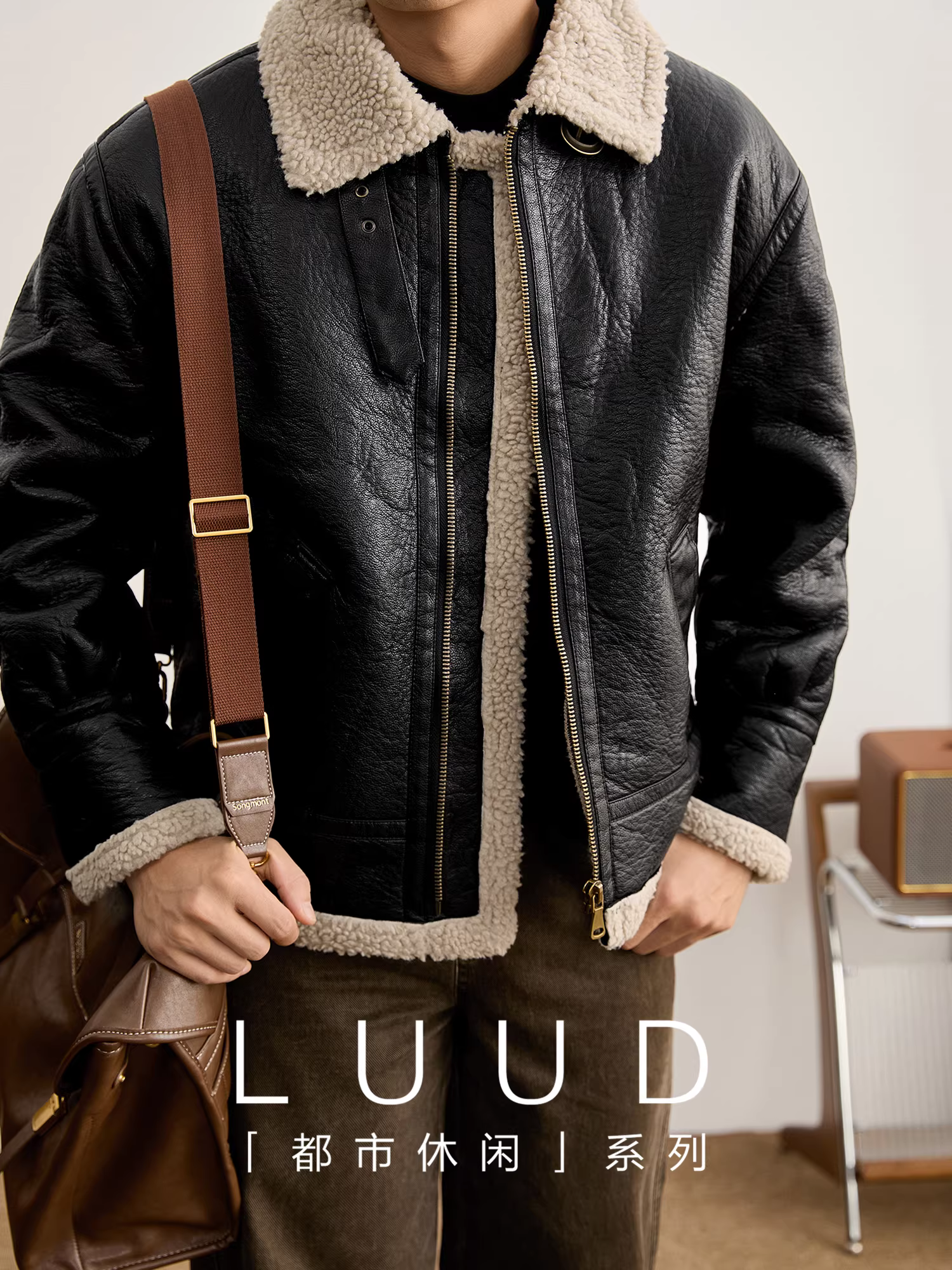 Áo khoác da biker nam mùa đông LUUD chất liệu len cừu phối da PU, kiểu dáng hiện đại, tích hợp lông thú, kiểu phi công