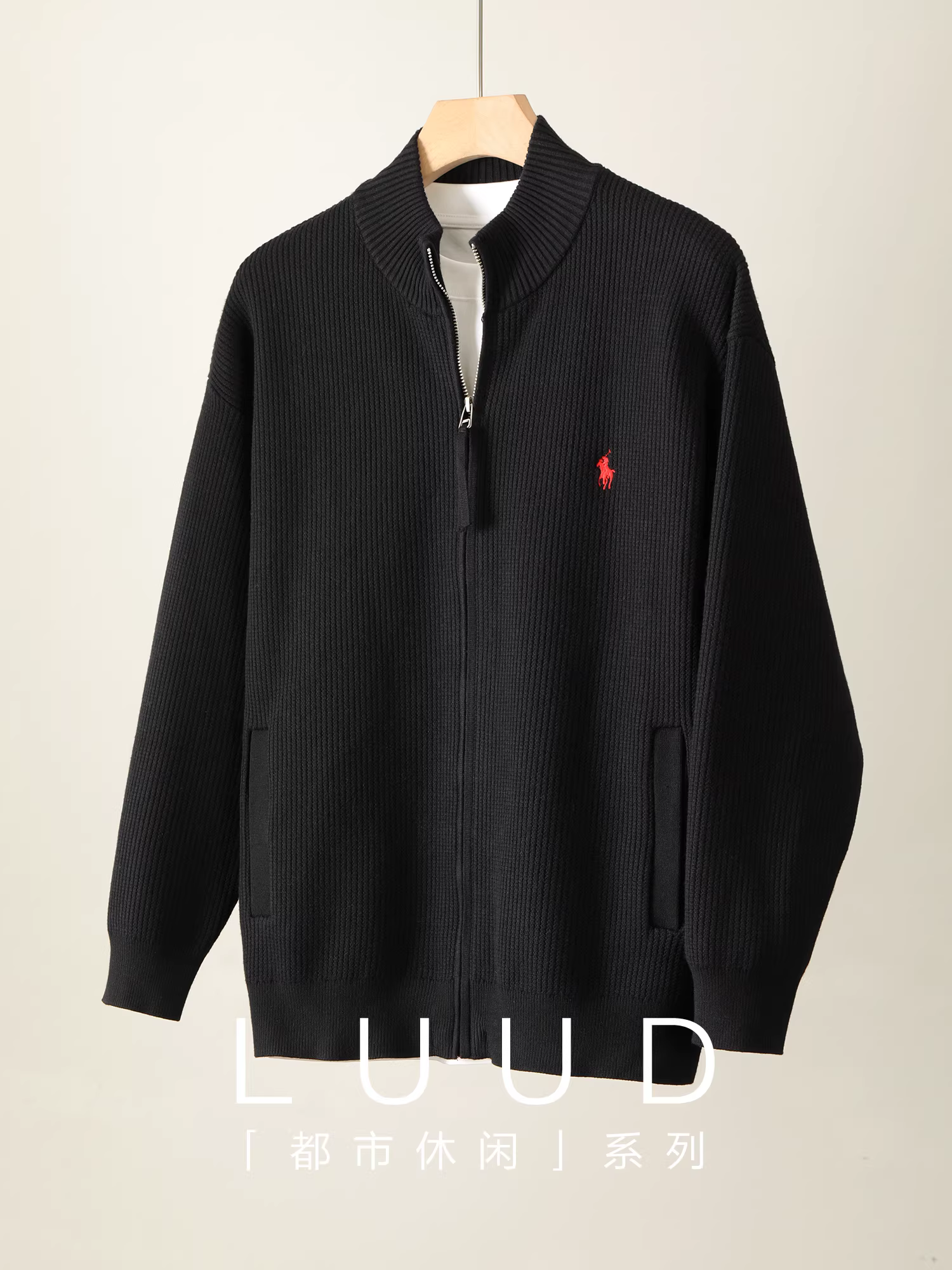 Áo khoác cổ đứng thêu phong cách Old Money cao cấp mùa thu LUUD dành cho nam, chất liệu pha Lyocell, dệt kim dày dặn