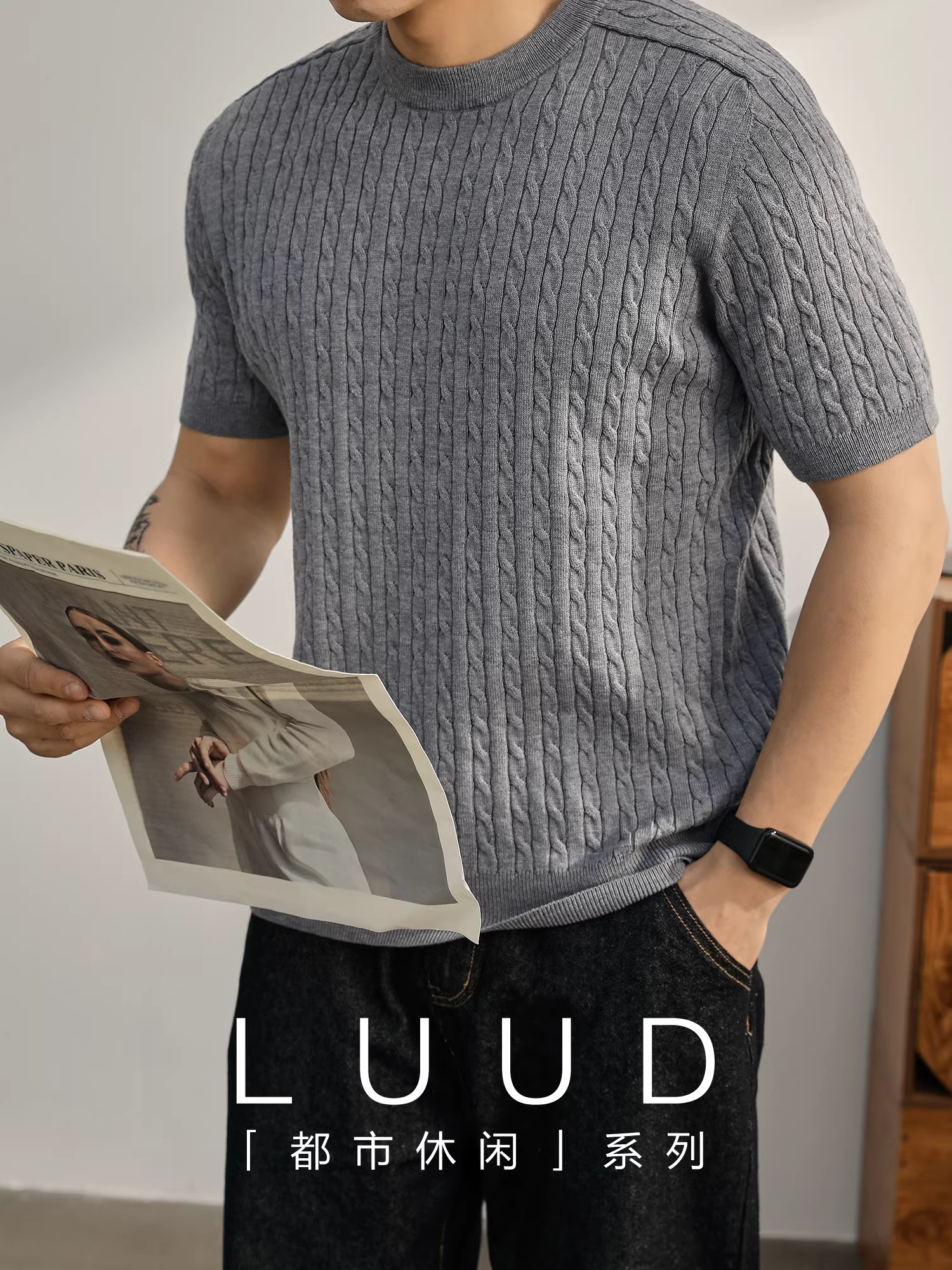 Áo thun nam dệt kim ngắn tay pha len mùa hè LUUD đơn giản và sang trọng, áo đa năng mặc hàng ngày