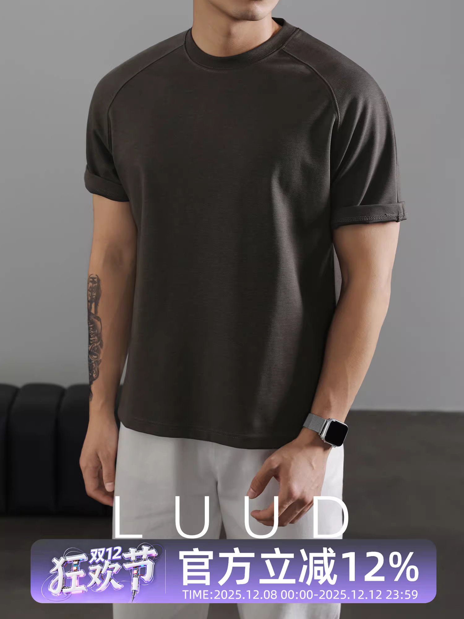 Áo thun ngắn tay cổ tròn màu xám đậm LUUD dành cho nam giới áo sơ mi cơ bản giản dị hợp thời trang hàng đầu