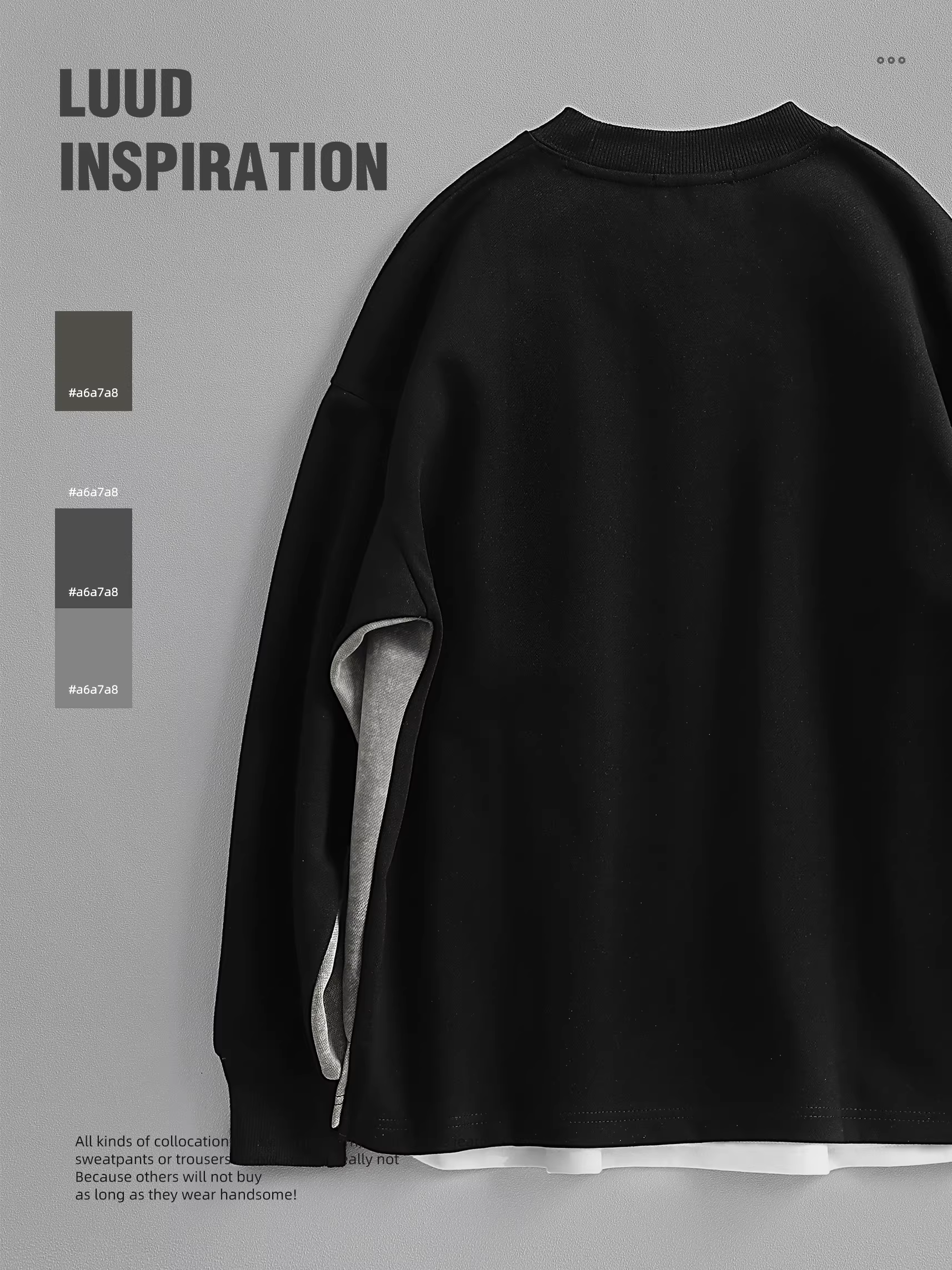 Áo nỉ dài tay cổ tròn kiểu dáng cổ điển LUUD dành cho nam, áo kiểu dáng đơn giản, tay áo trễ vai, phong cách Nhật Bản, phối màu đơn giản