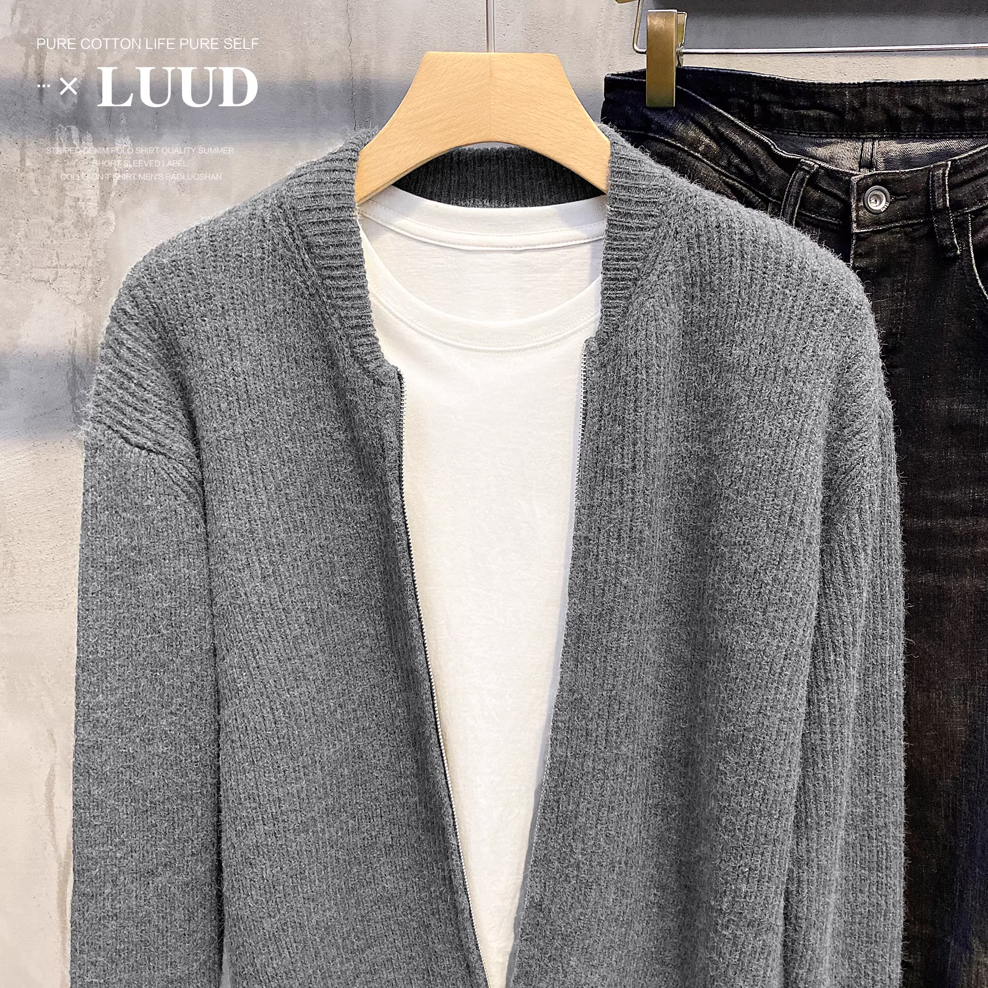 Áo khoác len dệt kim dày LUUD cổ bóng chày đơn giản dành cho nam, chất liệu dệt kim dày, áo len dáng ôm màu trơn mùa đông