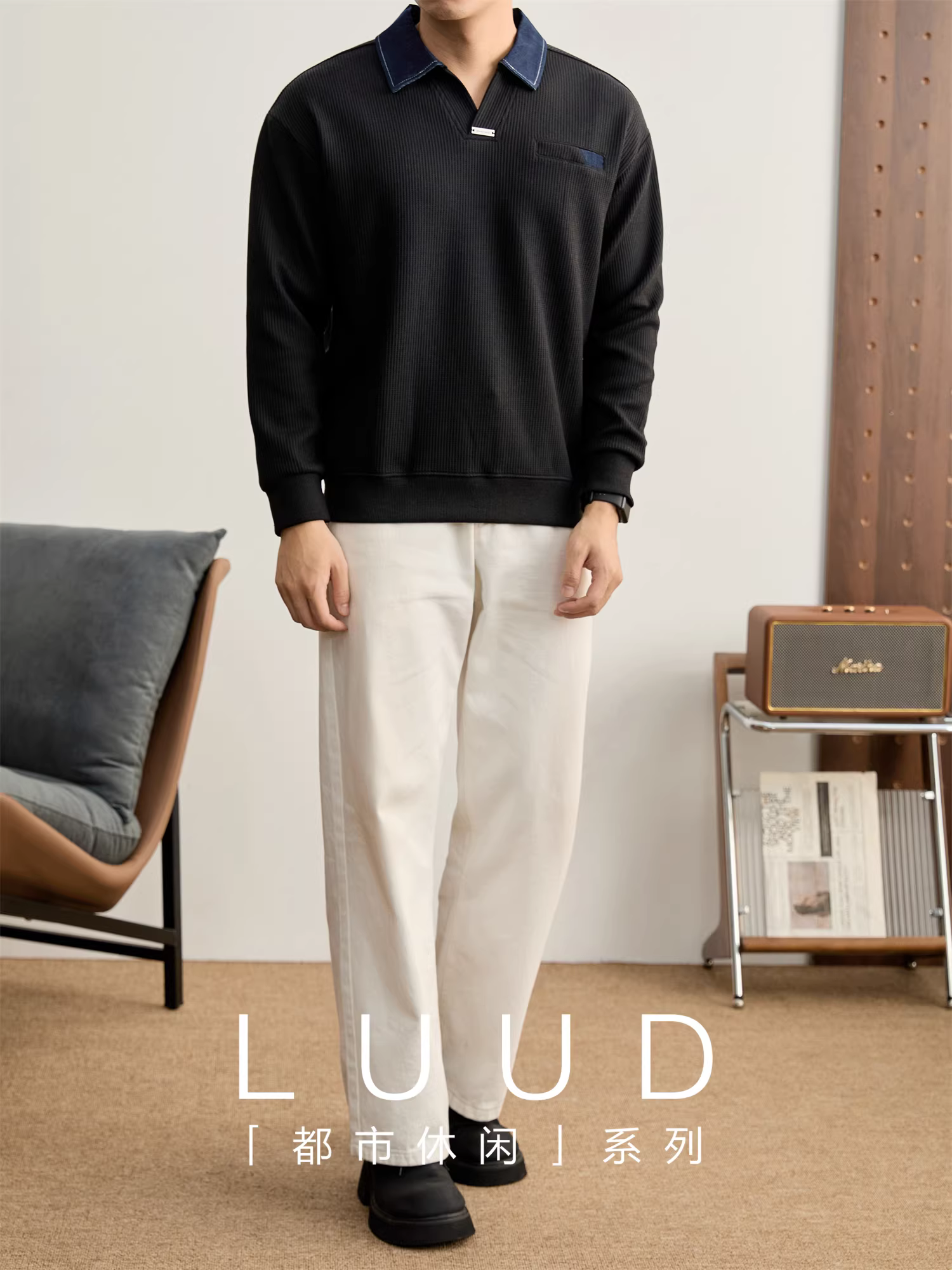 Áo thun polo denim phối màu sang trọng thời trang LUUD với họa tiết tổ ong, kiểu dáng thường ngày, tay dài, dành cho nam, mặc mùa thu