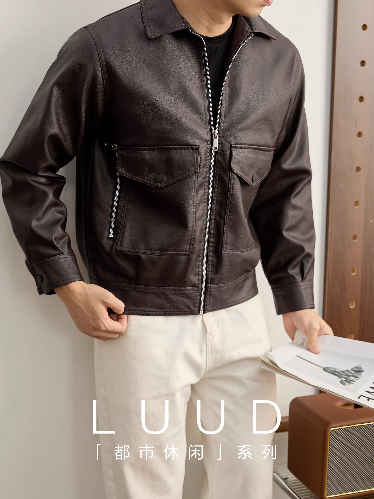 Áo khoác da phi công nam thiết kế đa năng LUUD, nhiều túi, chất liệu da PU giả da, màu tối, mùa đông