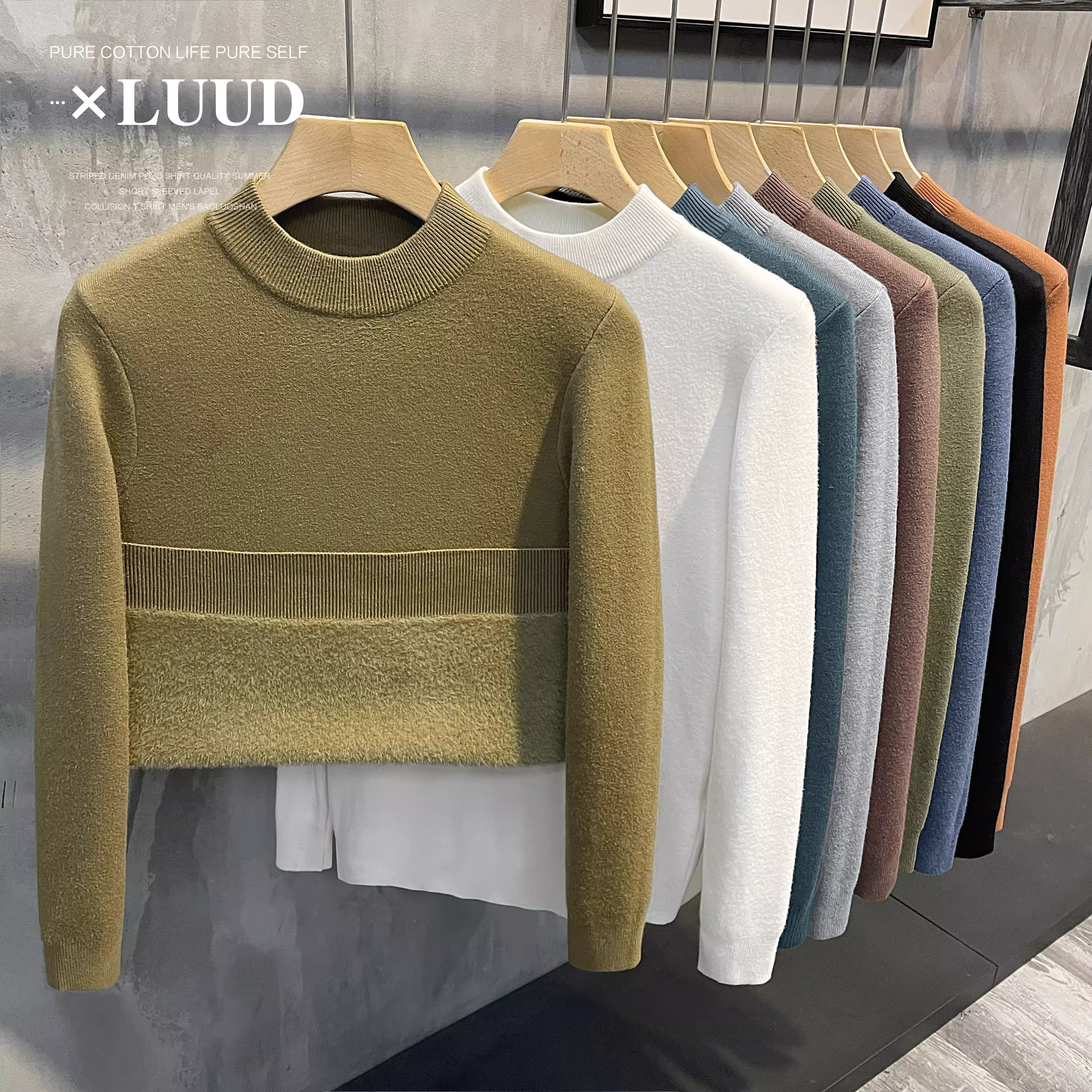 Áo len dệt kim dày có cổ giữa tích hợp lông cừu LUUD dành cho nam, áo len dệt kim cổ cao nửa cổ mùa đông đa năng, hợp thời trang.