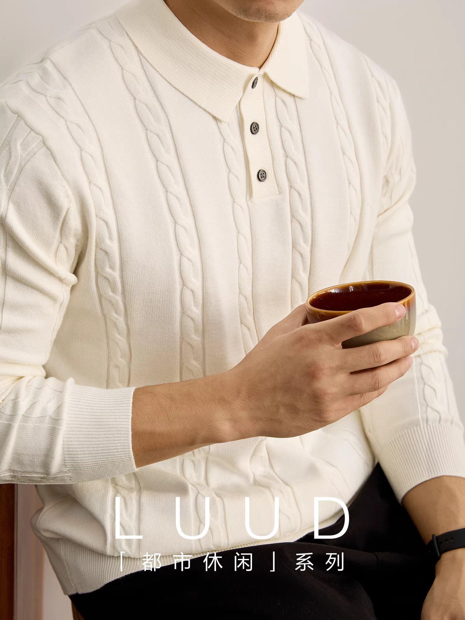 Áo len dệt kim có cổ màu trơn LUUD chất liệu cá tính dành cho nam, mùa thu đông, thoải mái và thân thiện với da, kiểu áo POLO