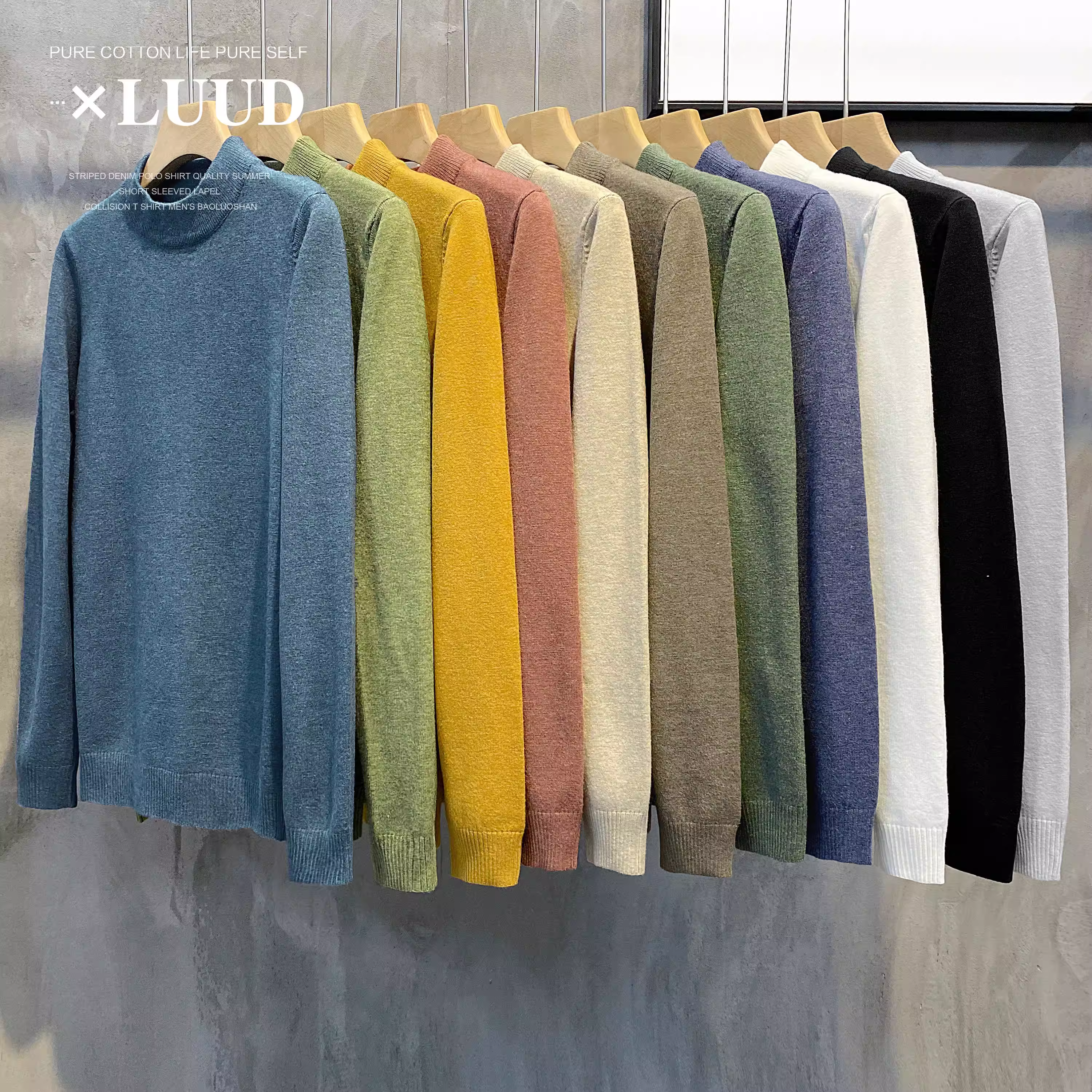 Áo sơ mi lông cừu cổ cao nửa cổ LUUD mùa thu đông dành cho nam, áo len dệt kim ấm áp và đa năng, áo cổ trung bình vừa vặn vừa vặn