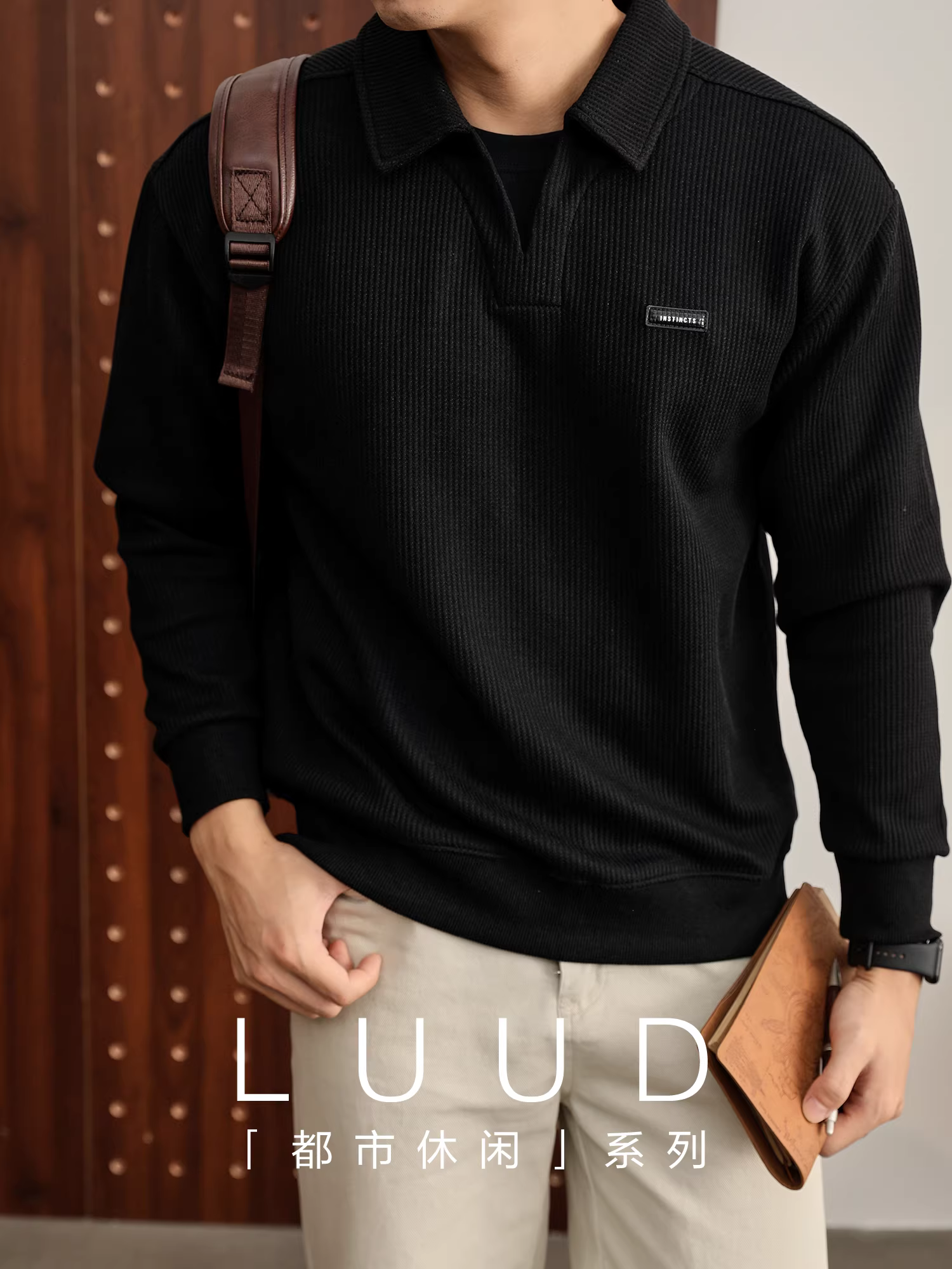 Áo nỉ giả hai lớp LUUD yuppie có họa tiết bánh quế, có ve áo, nhãn da nhỏ, áo chui đầu dài tay