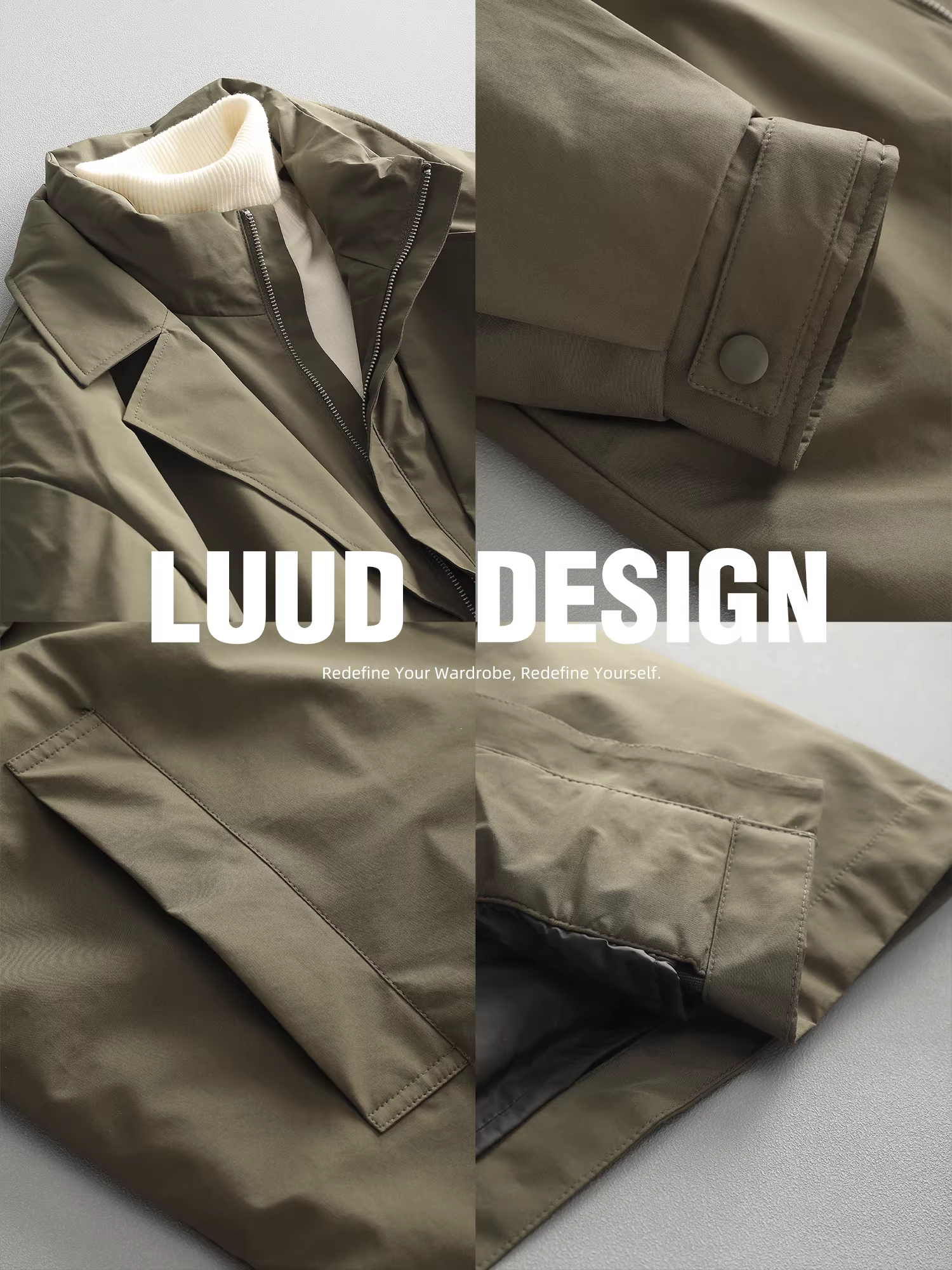 Áo khoác phao nam LUUD màu đen phong cách đô thị, thiết kế cổ áo hai lớp, kiểu parka dài trung bình, nhẹ, mùa đông
