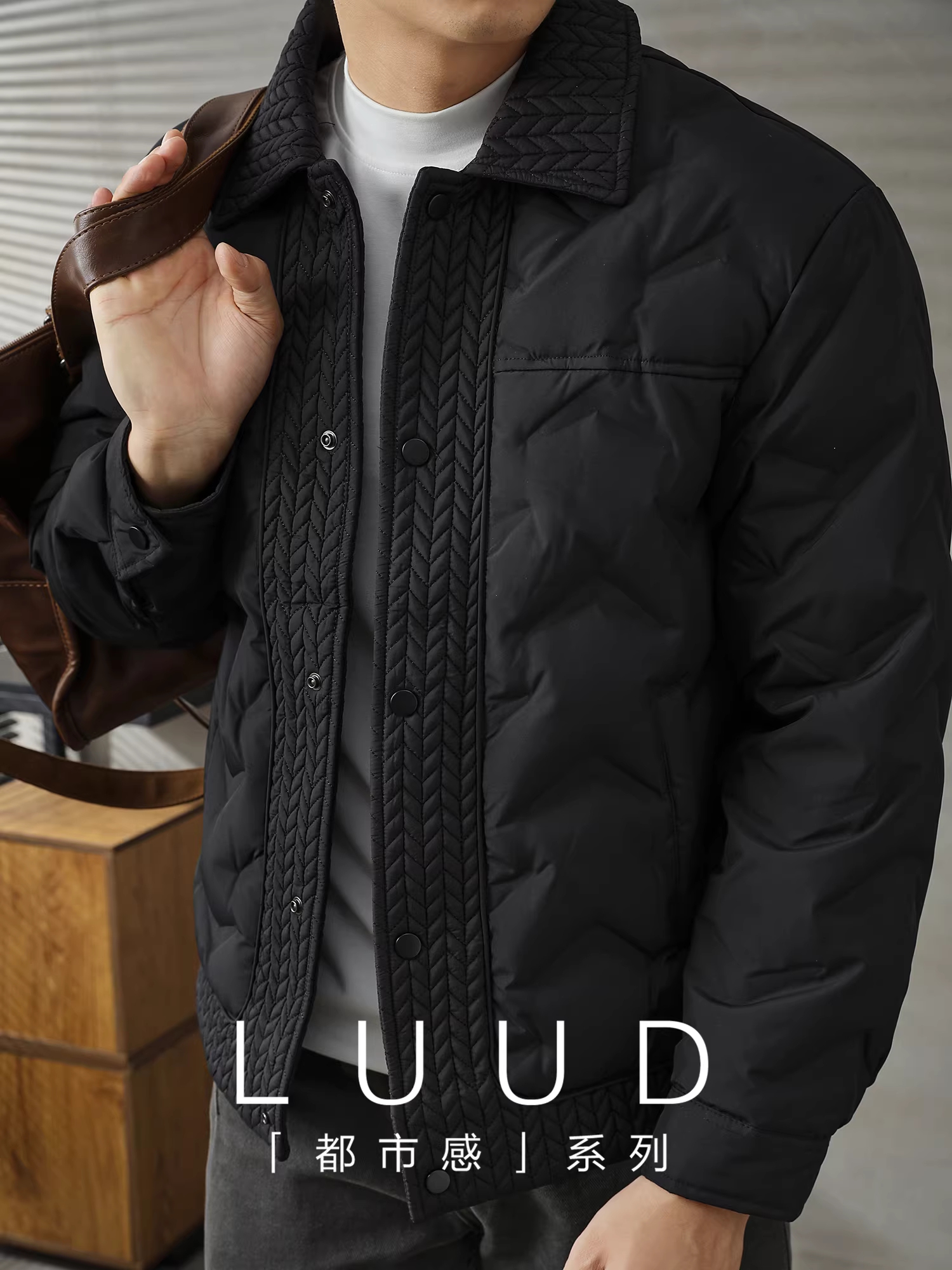 Áo khoác lông vũ đen chất liệu lúa mì cao cấp LUUD dành cho nam mùa đông, cổ trụ, ấm áp, phong cách quý ông thời thượng