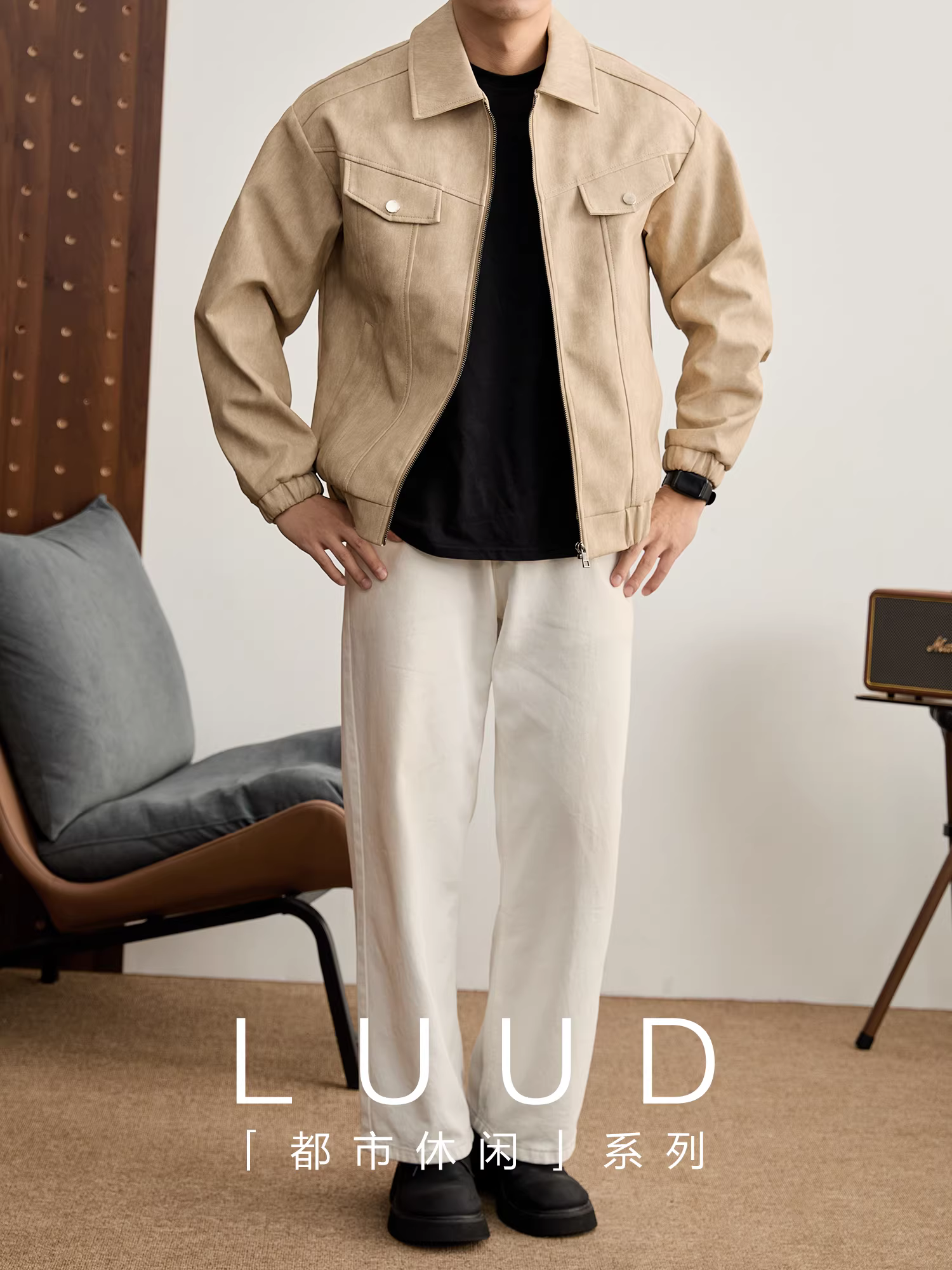 Áo khoác kiểu dáng cổ điển LUUD phong cách công nhân, có túi giả và phối da PU, chống gió dành cho nam