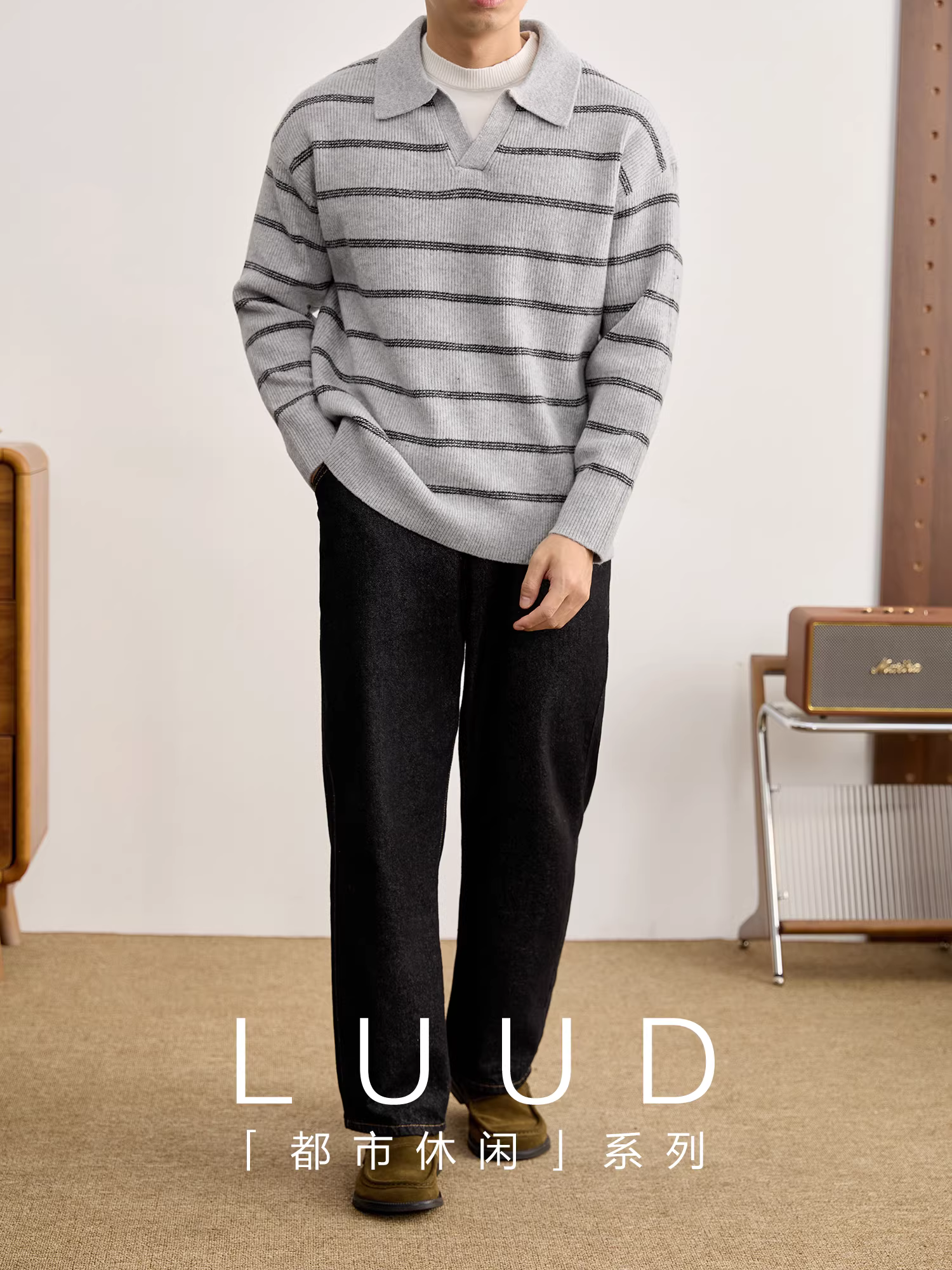 Áo len dệt kim ấm áp sọc cổ điển pha len LUUD dành cho nam được phối lớp với thiết kế chắp vá giả hai mảnh