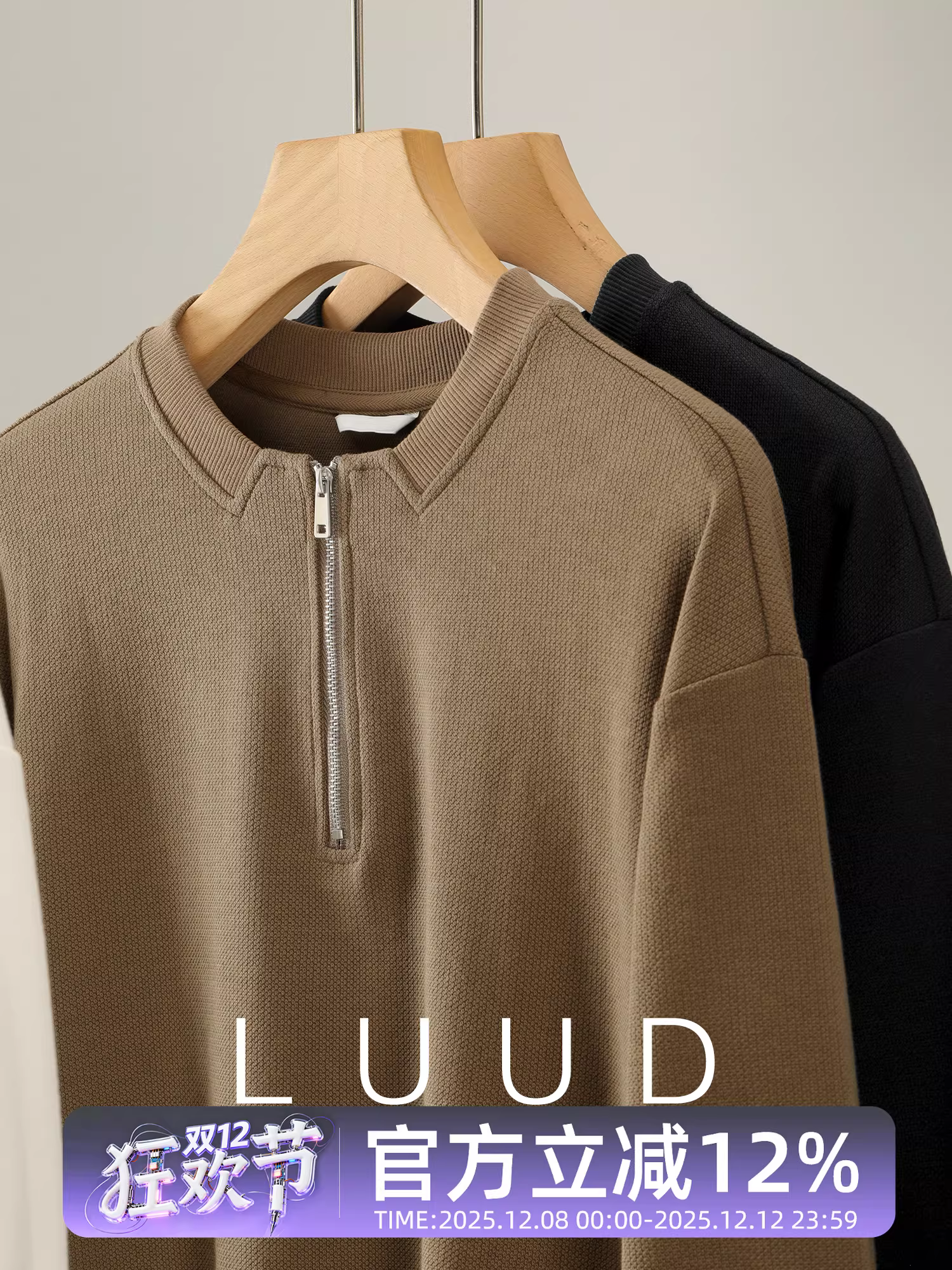 Áo thun nam dài tay có cổ nửa khóa kéo LUUD mùa thu đông có họa tiết dệt nổi Áo len dệt kim màu trơn