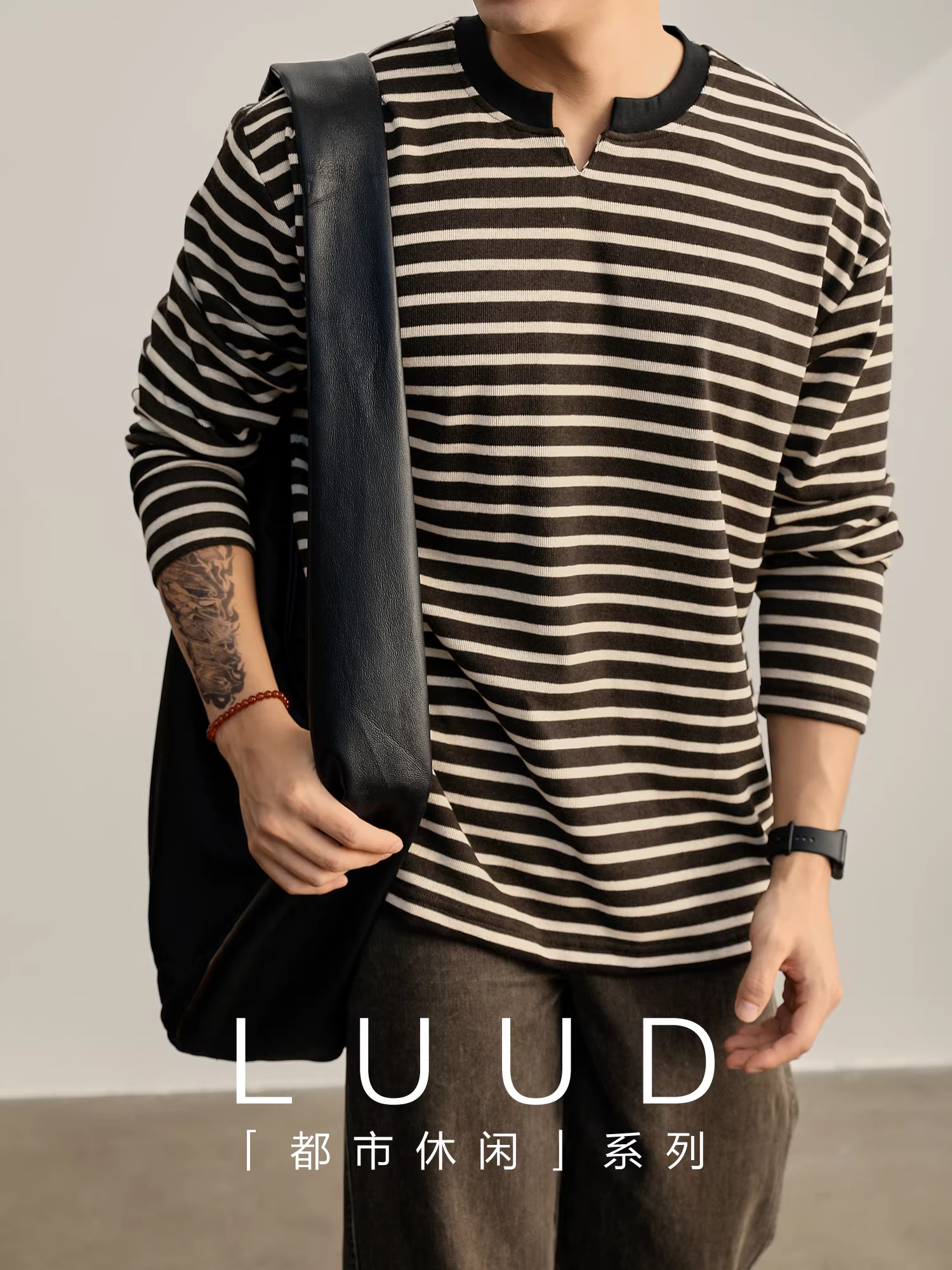 Áo thun nam LUUD heavyweight 280g cổ V nhỏ, phối màu vintage, sọc, tay dài, dáng rộng, chất liệu dệt kim, kiểu dáng thoải mái.