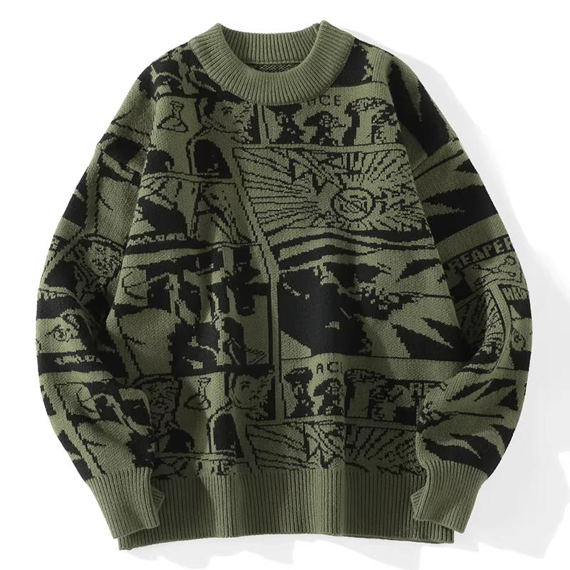 Áo len dệt kim màu khối trừu tượng LUUD dành cho nam, áo len chui đầu ấm áp mùa thu đông, áo cổ tròn đơn giản hợp thời trang