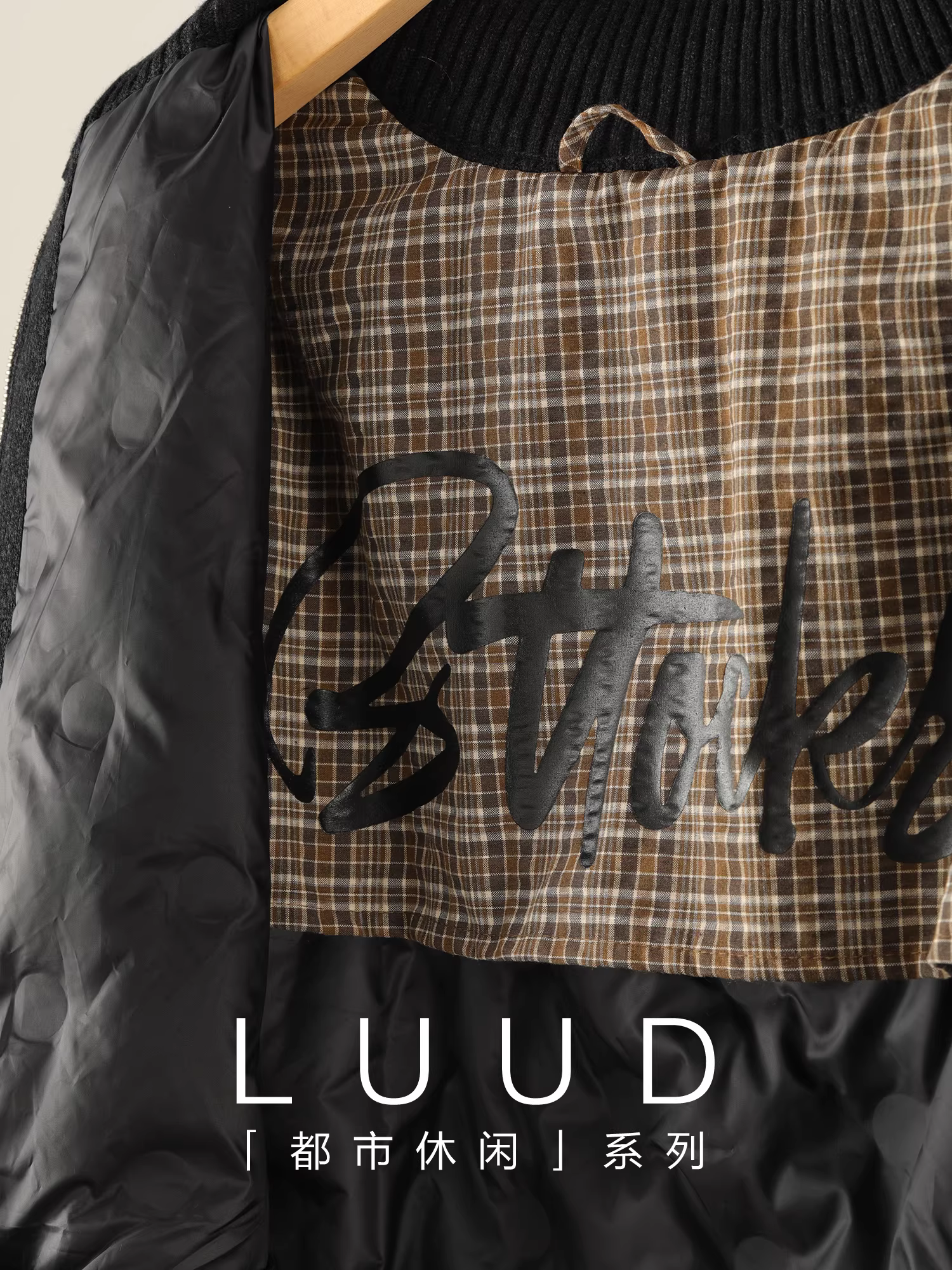 Áo khoác cổ đứng có gân LUUD 90 dành cho nam, thiết kế chắp vá hình tam giác mùa đông, áo khoác dệt kim ấm áp.