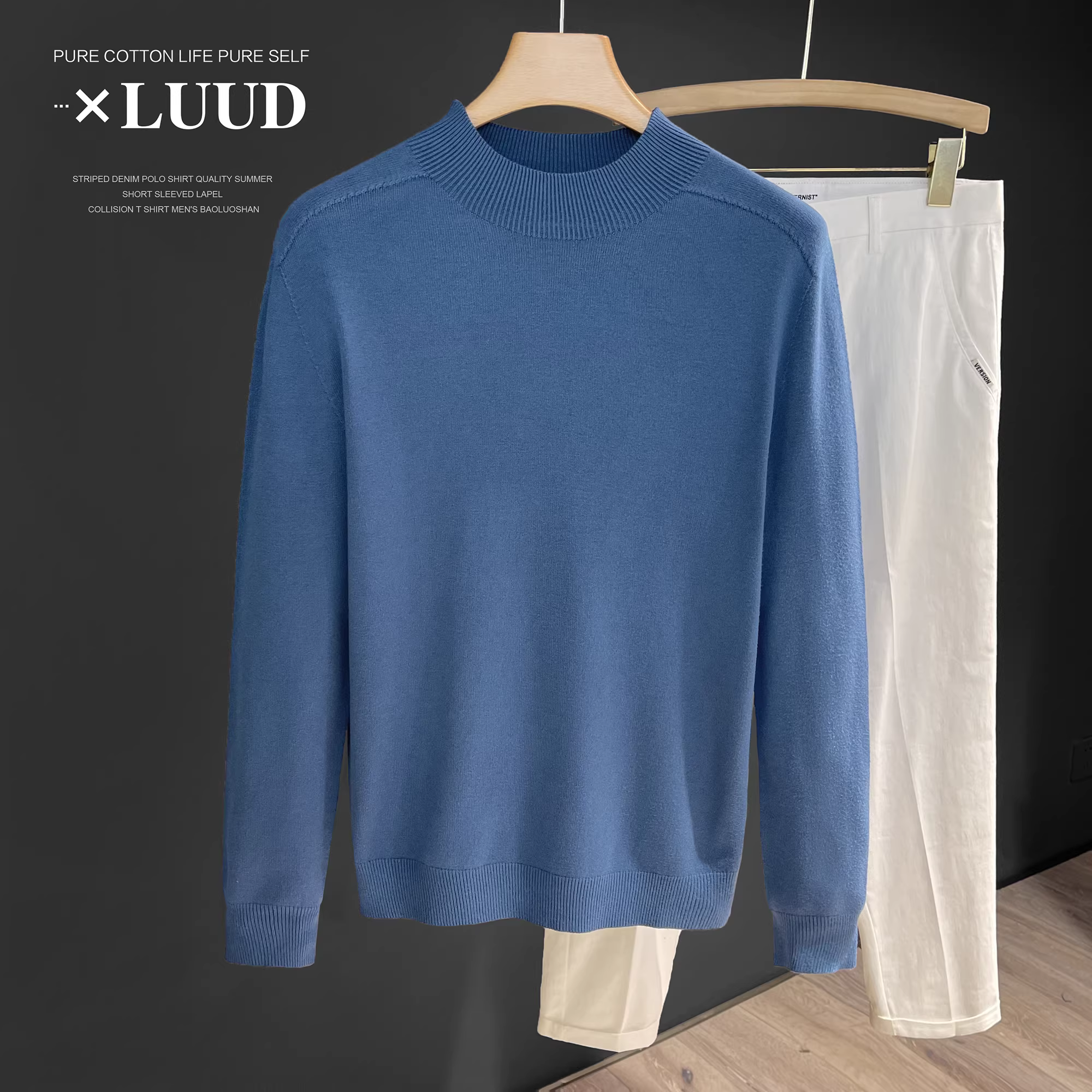 Áo len dệt kim trơn màu cổ trụ liền mạch LUUD 2025, kiểu đơn giản, cổ nửa cao, mặc lót trong, dành cho nam