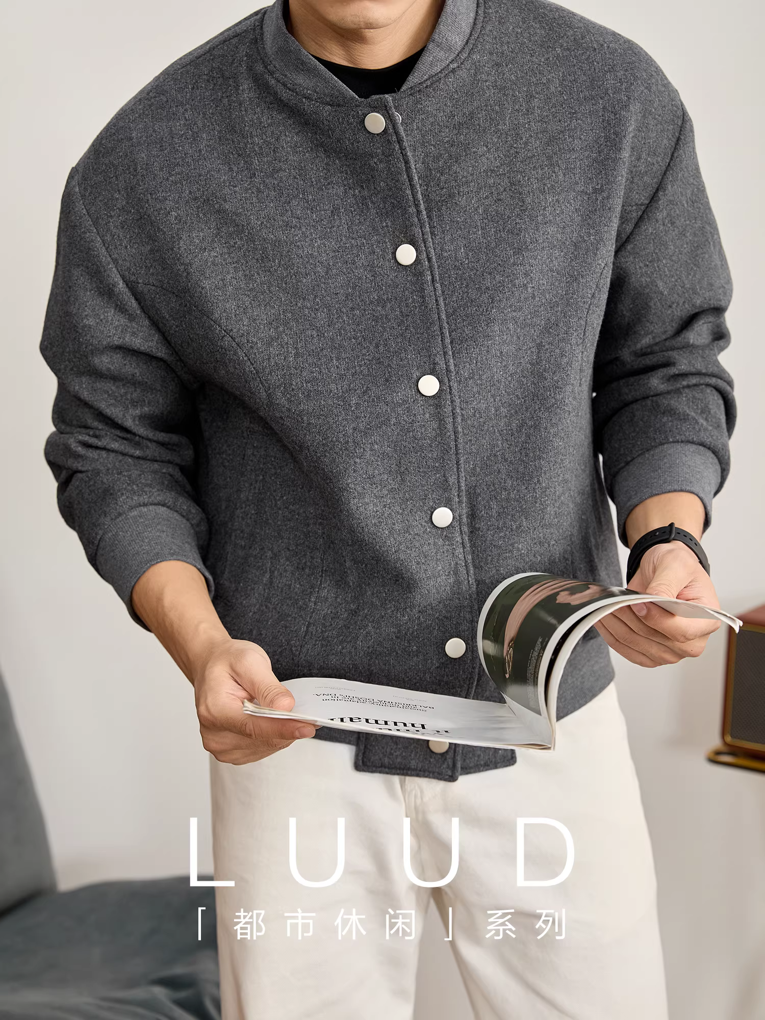 Áo khoác tay xếp ly sang trọng và thanh lịch LUUD dành cho nam giới, chất liệu áo khoác bóng chày pha len cừu ấm áp