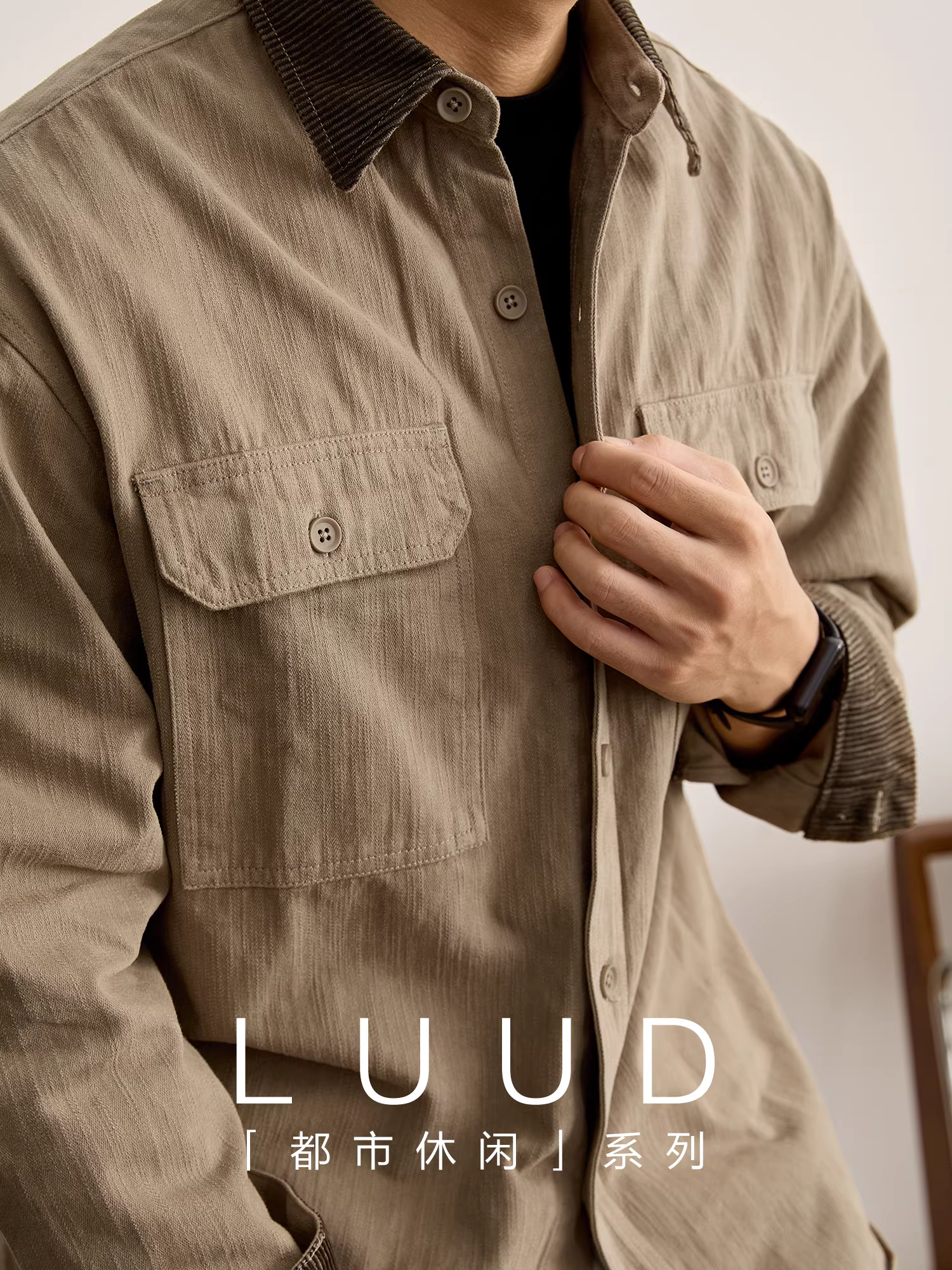 Áo sơ mi làm việc chất liệu cotton đã qua xử lý kiểu retro LUUD Amekaji, chất liệu vải bố, cổ áo phối vải, kiểu dáng patchwork, 280g