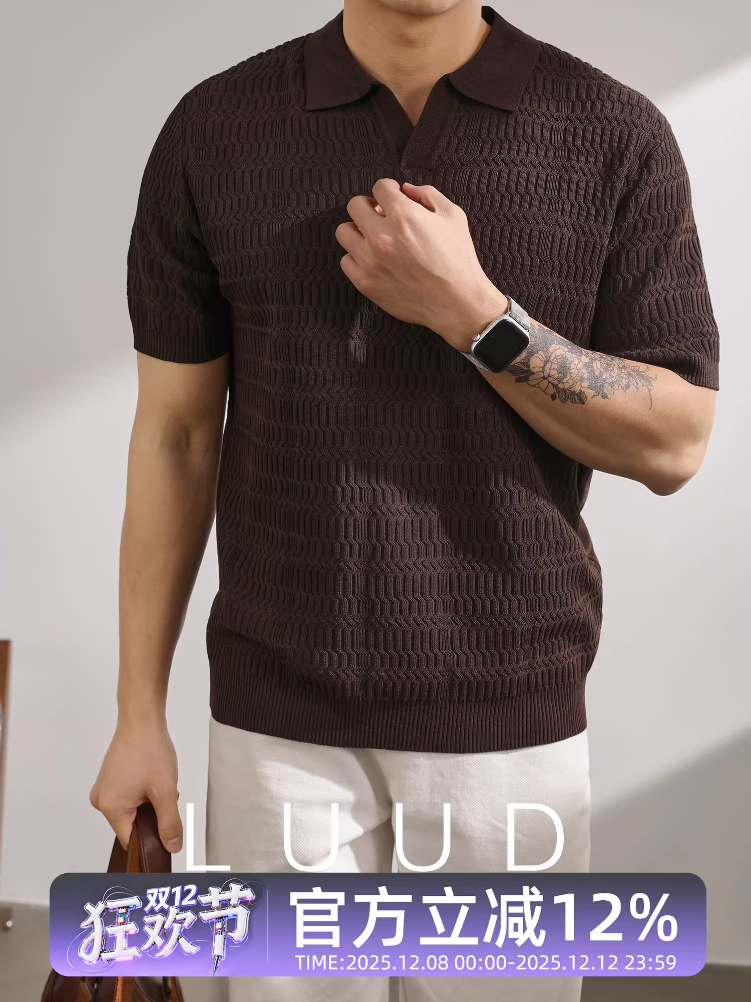 Áo sơ mi POLO dệt kim ngắn tay cổ chữ V nhỏ bằng lụa LUUD dành cho nam, chất lượng thủ công dệt hoa cổ điển sáng tạo hàng đầu hợp thời trang