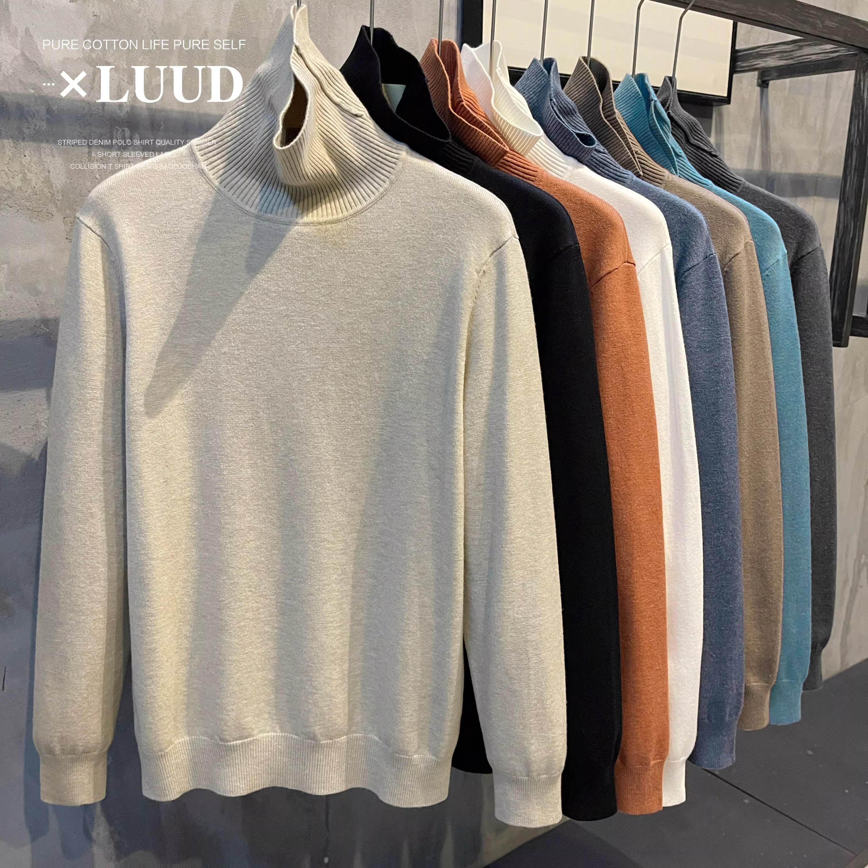 Áo len dệt kim cổ lọ có thể chuyển đổi màu trơn LUUD Morandi dành cho nam, phiên bản áo khoác ngoài mùa đông, áo len len ấm áp dài tay.