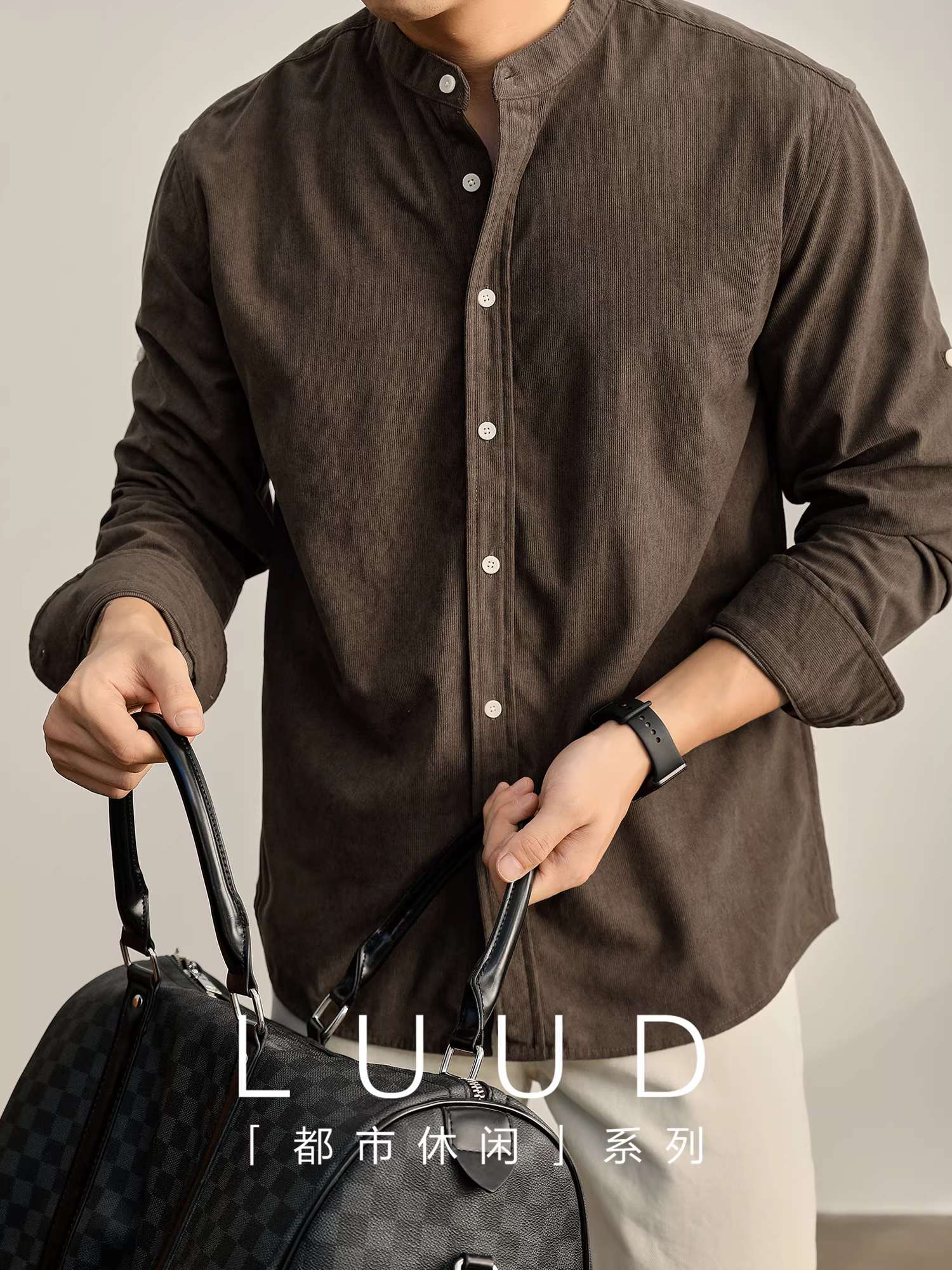 Áo sơ mi nam chất liệu corduroy kiểu tiền cổ điển LUUD, phong cách Trung Quốc mới, cổ đứng, kiểu dáng thường ngày, tay áo cuốn, mặc đơn giản, size nhỏ, hợp thời trang