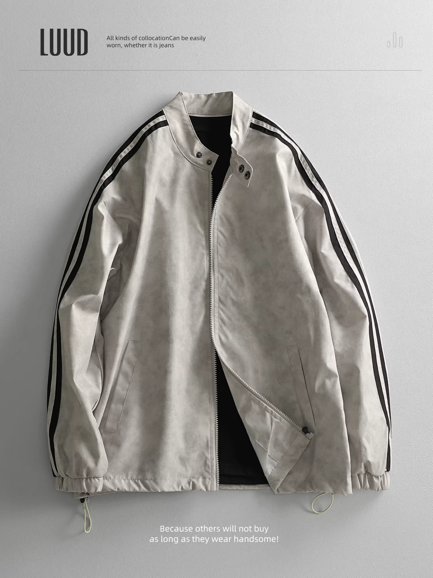 Áo khoác thể thao ba sọc thiết kế LUUD, áo khoác nam cổ điển hoài cổ, áo khoác phi công cổ đứng, kiểu dáng giản dị
