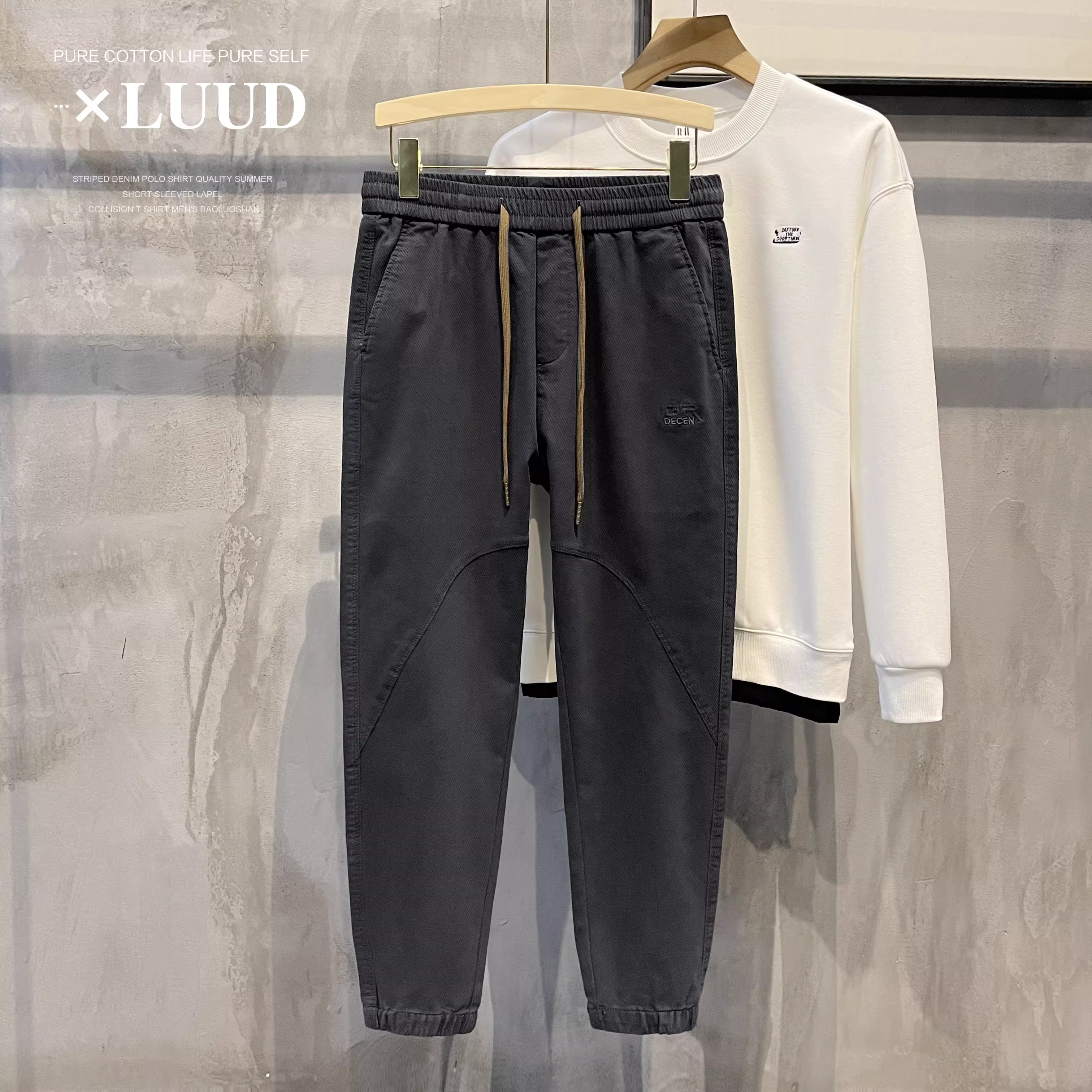 Quần âu nam LUUD mùa thu chất liệu vải tuýt, cotton đã qua xử lý, màu trơn, có dây rút, phong cách thể thao cổ điển, kiểu jogger.