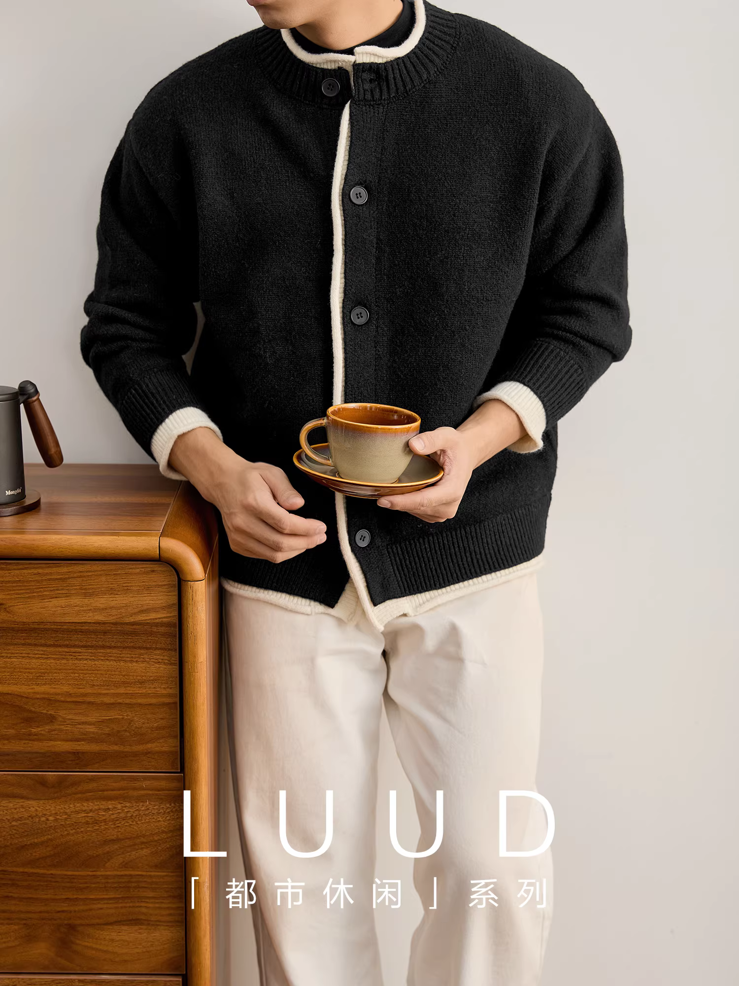 Áo len dệt kim giả hai mảnh viền cuốn LUUD dành cho nam, áo khoác len dày dặn, chất liệu lông cừu