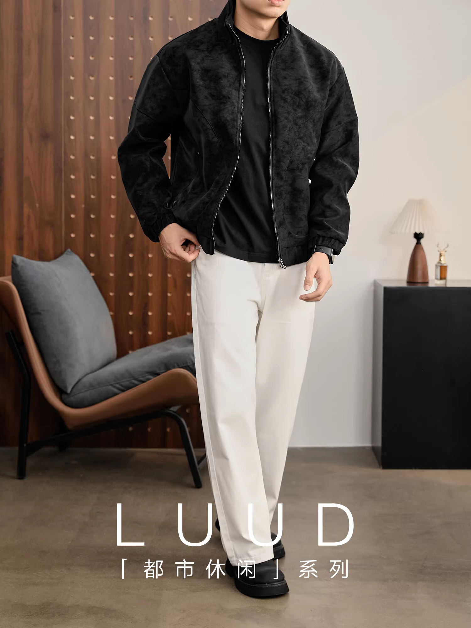 Áo khoác da PU cổ đứng họa tiết cây đen mờ LUUD dành cho nam, áo khoác dày dặn ấm áp mùa đông kiểu dáng phá cách